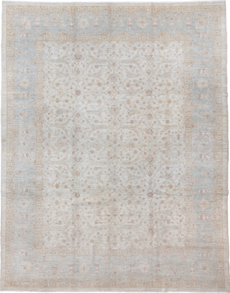 9' x 11' one-of-a-kind handmade vintage Afghan large size rug. Color palette: ivory, pale blue, beige, blush, taupe