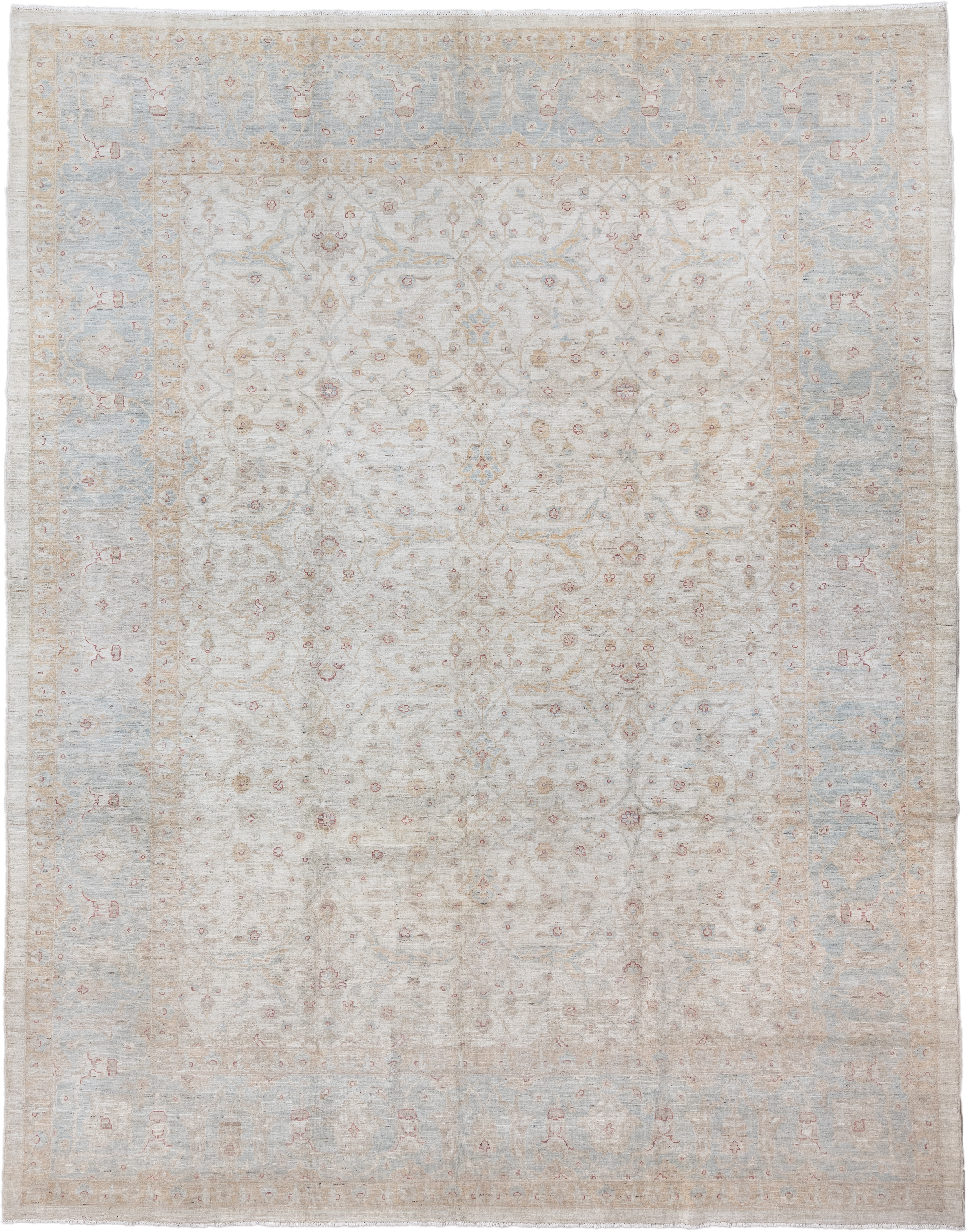 9' x 11' one-of-a-kind handmade vintage Afghan large size rug. Color palette: ivory, pale blue, beige, blush, taupe