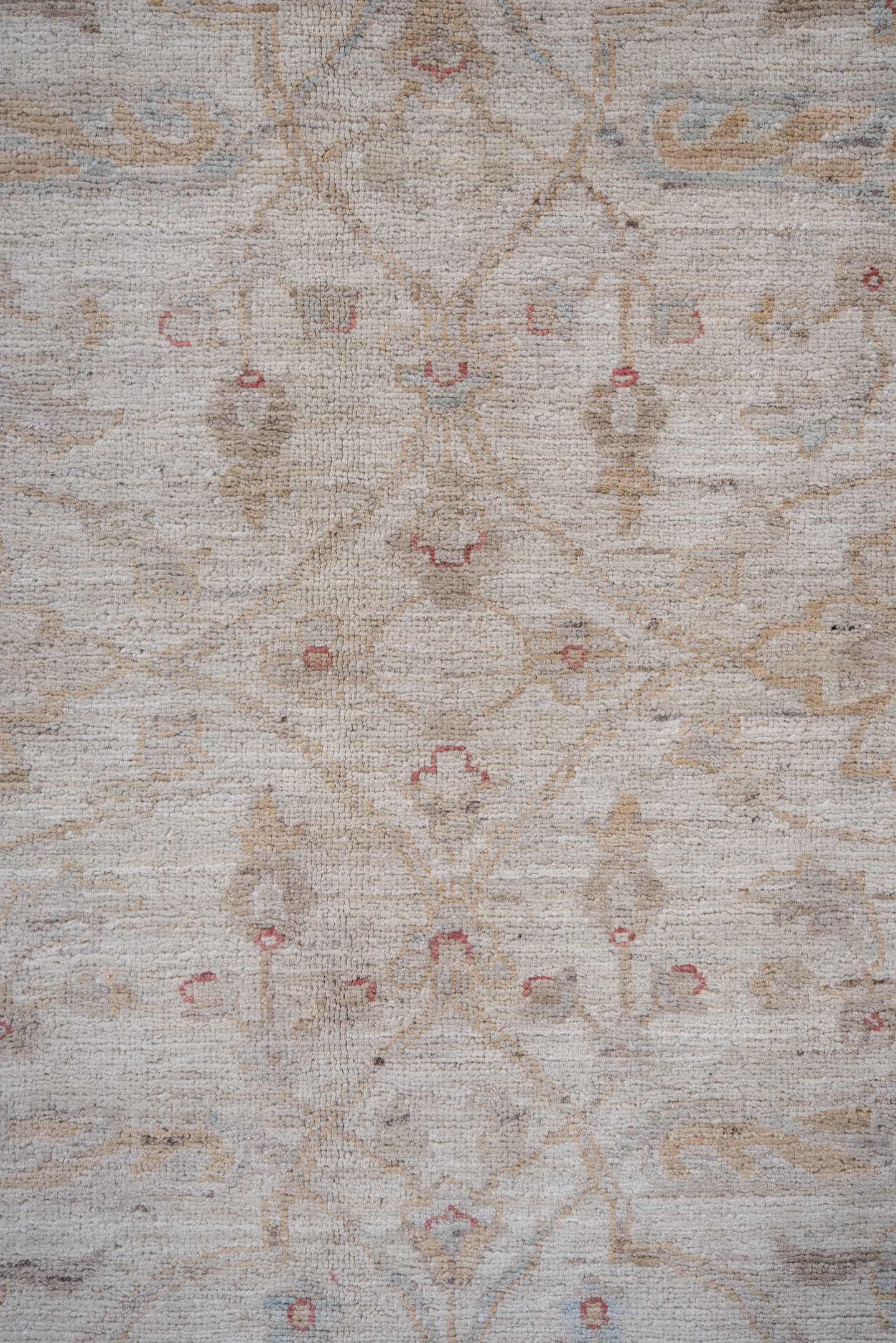 9' x 11' one-of-a-kind handmade vintage Afghan large size rug. Color palette: ivory, pale blue, beige, blush, taupe