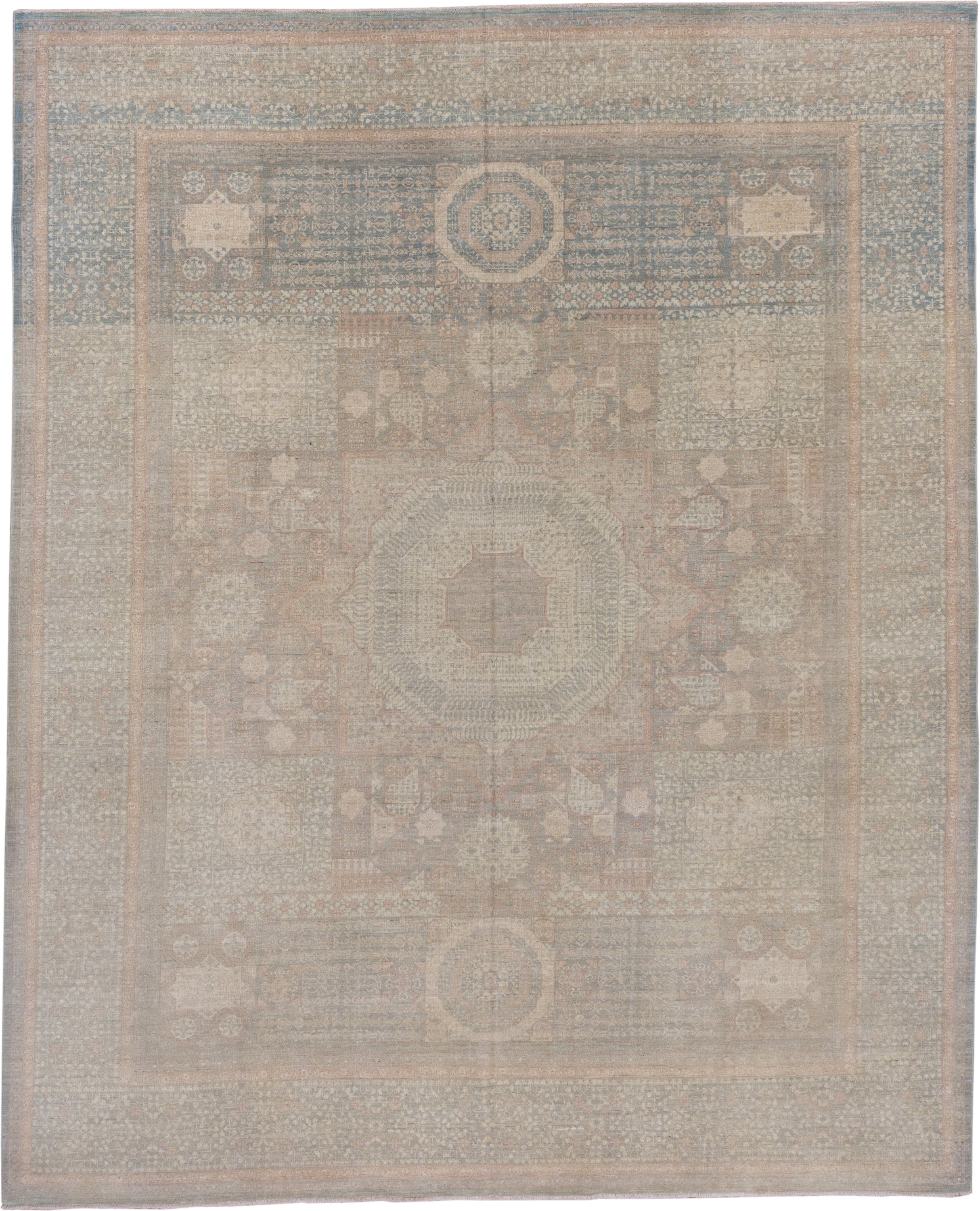 8' x 10' one-of-a-kind handmade vintage Afghan large size rug. Color palette: taupe, dusty blue, ivory, blush, beige, sage
