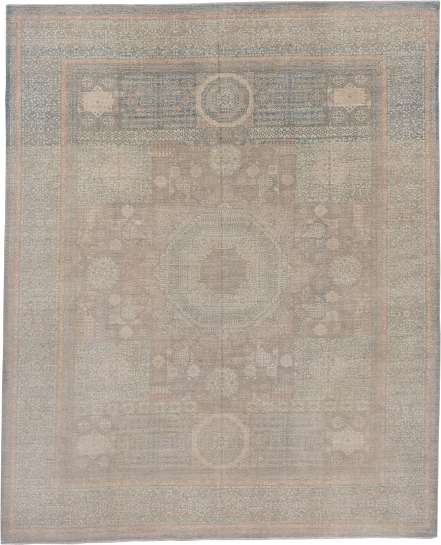 8' x 10' one-of-a-kind handmade vintage Afghan large size rug. Color palette: taupe, dusty blue, ivory, blush, beige, sage