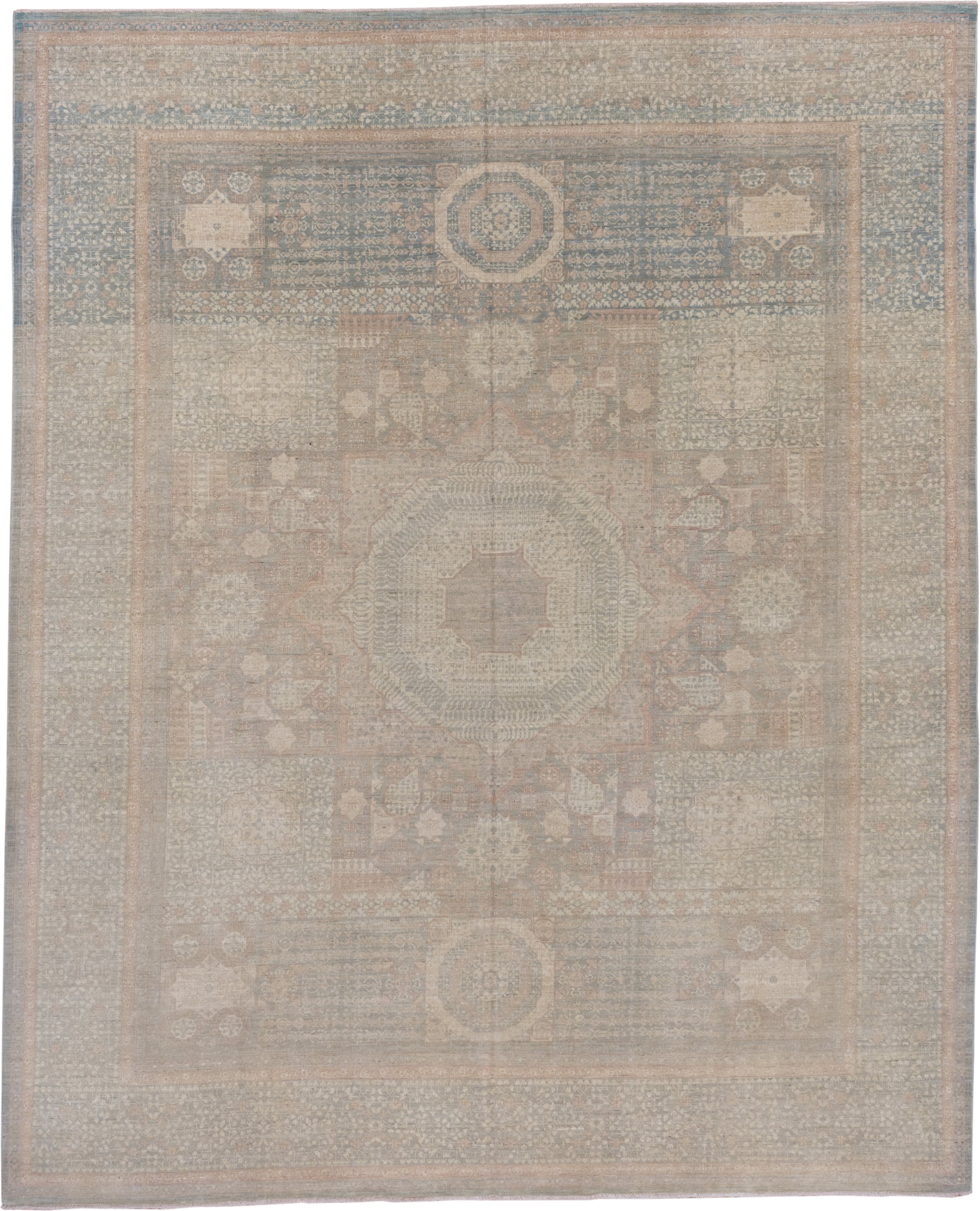 8' x 10' one-of-a-kind handmade vintage Afghan large size rug. Color palette: taupe, dusty blue, ivory, blush, beige, sage