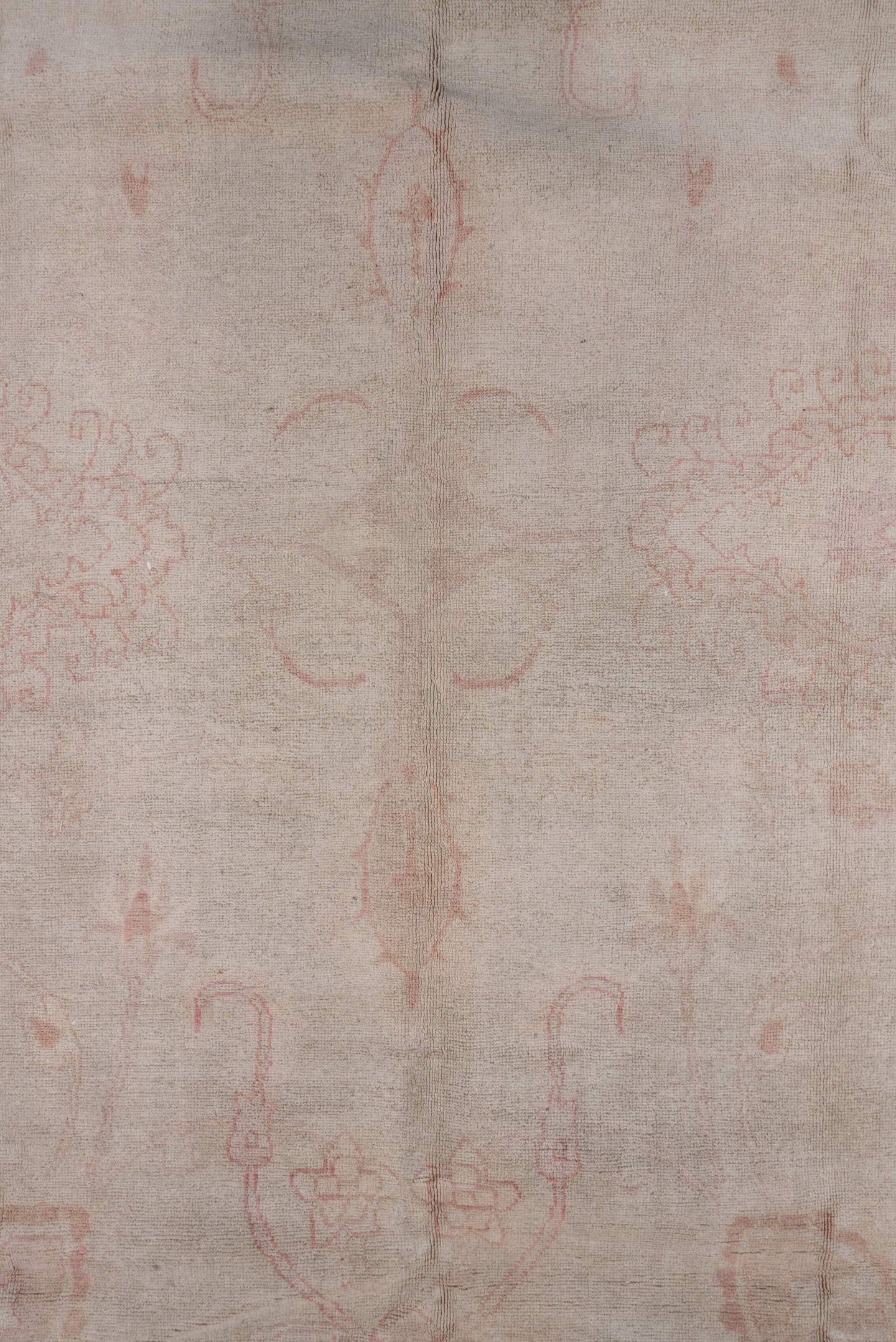 8' x 11' one-of-a-kind handmade vintage Afghan large size rug. Color palette: ivory, blush, cream, taupe, pale rose, pink