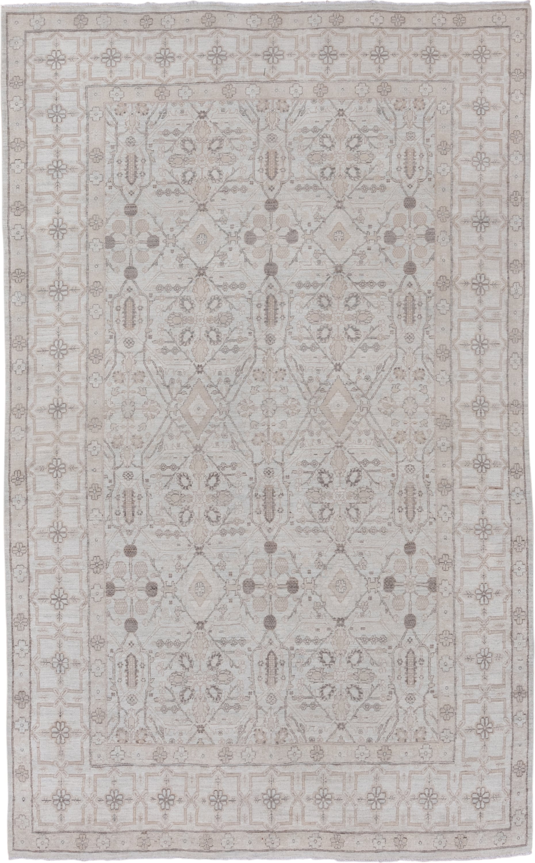 5' x 9' one-of-a-kind handmade vintage Afghan medium size rug. Color palette: ivory, taupe, beige, sand, camel, light brown