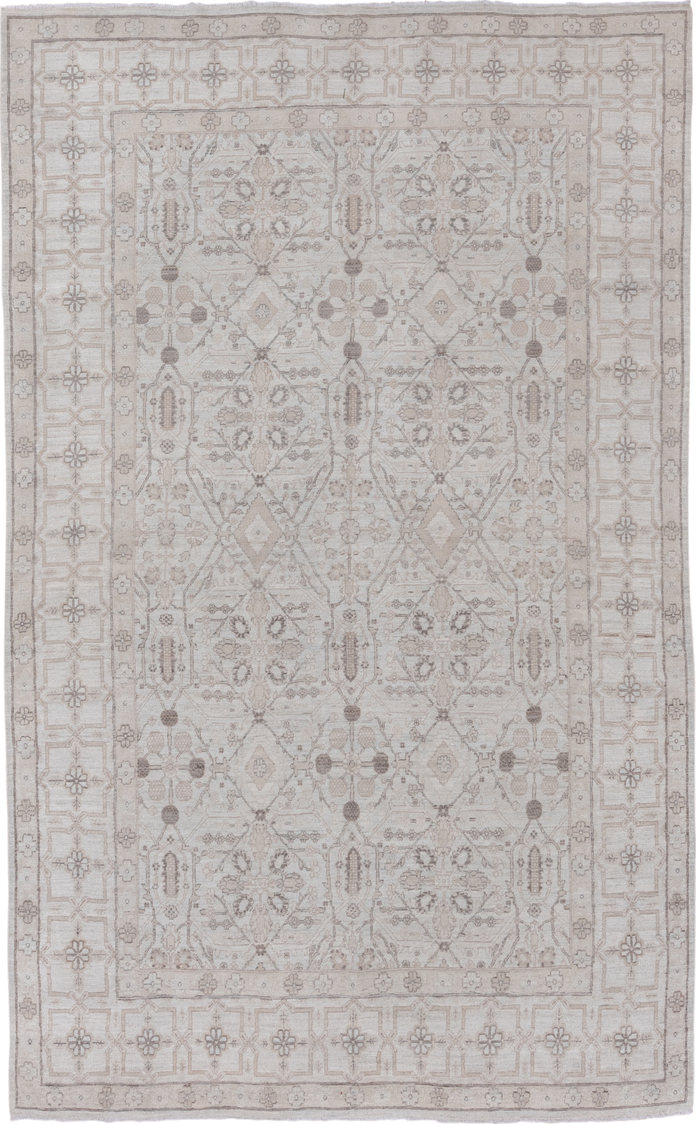 5' x 9' one-of-a-kind handmade vintage Afghan medium size rug. Color palette: ivory, taupe, beige, sand, camel, light brown