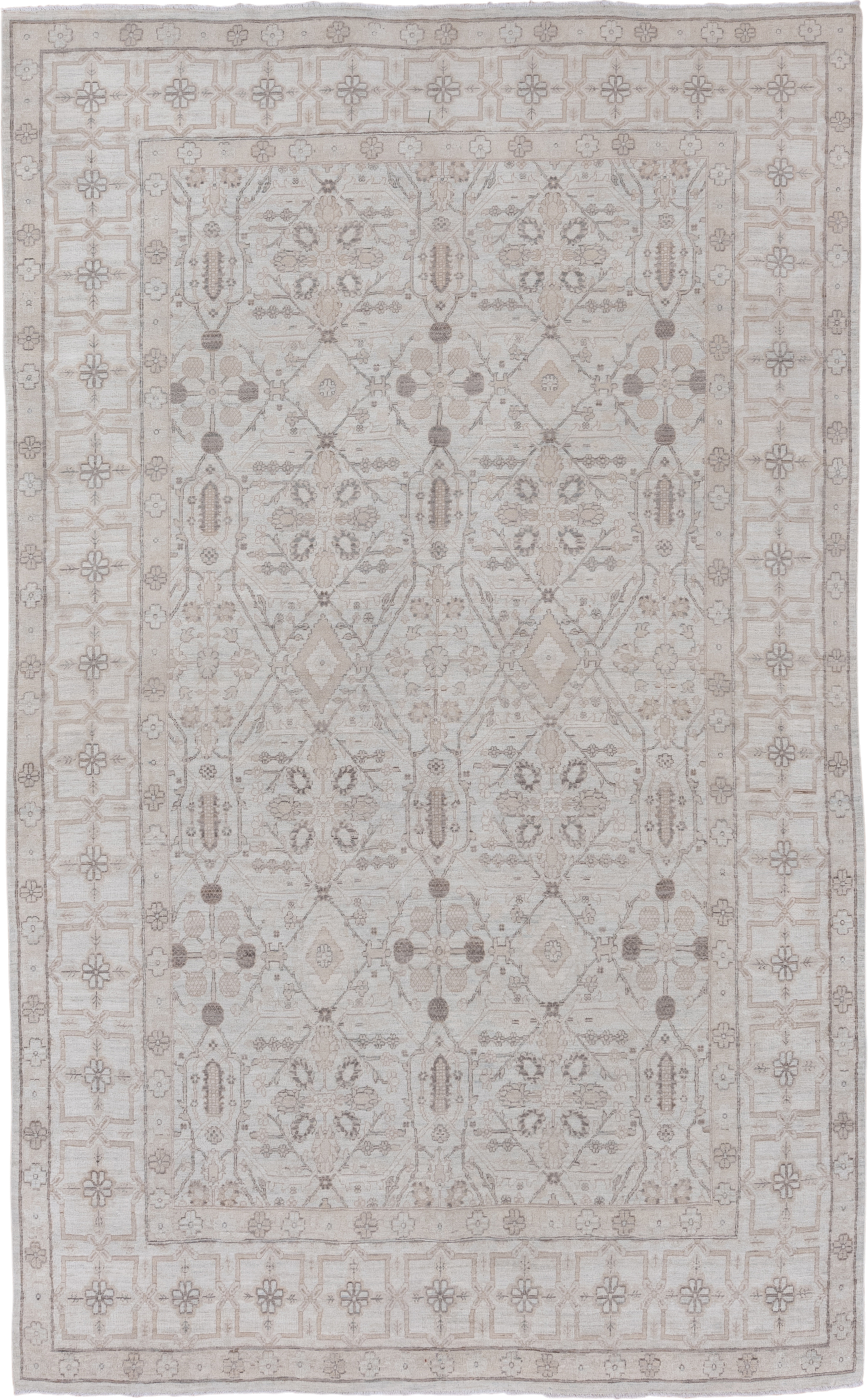 5' x 9' one-of-a-kind handmade vintage Afghan medium size rug. Color palette: ivory, taupe, beige, sand, camel, light brown