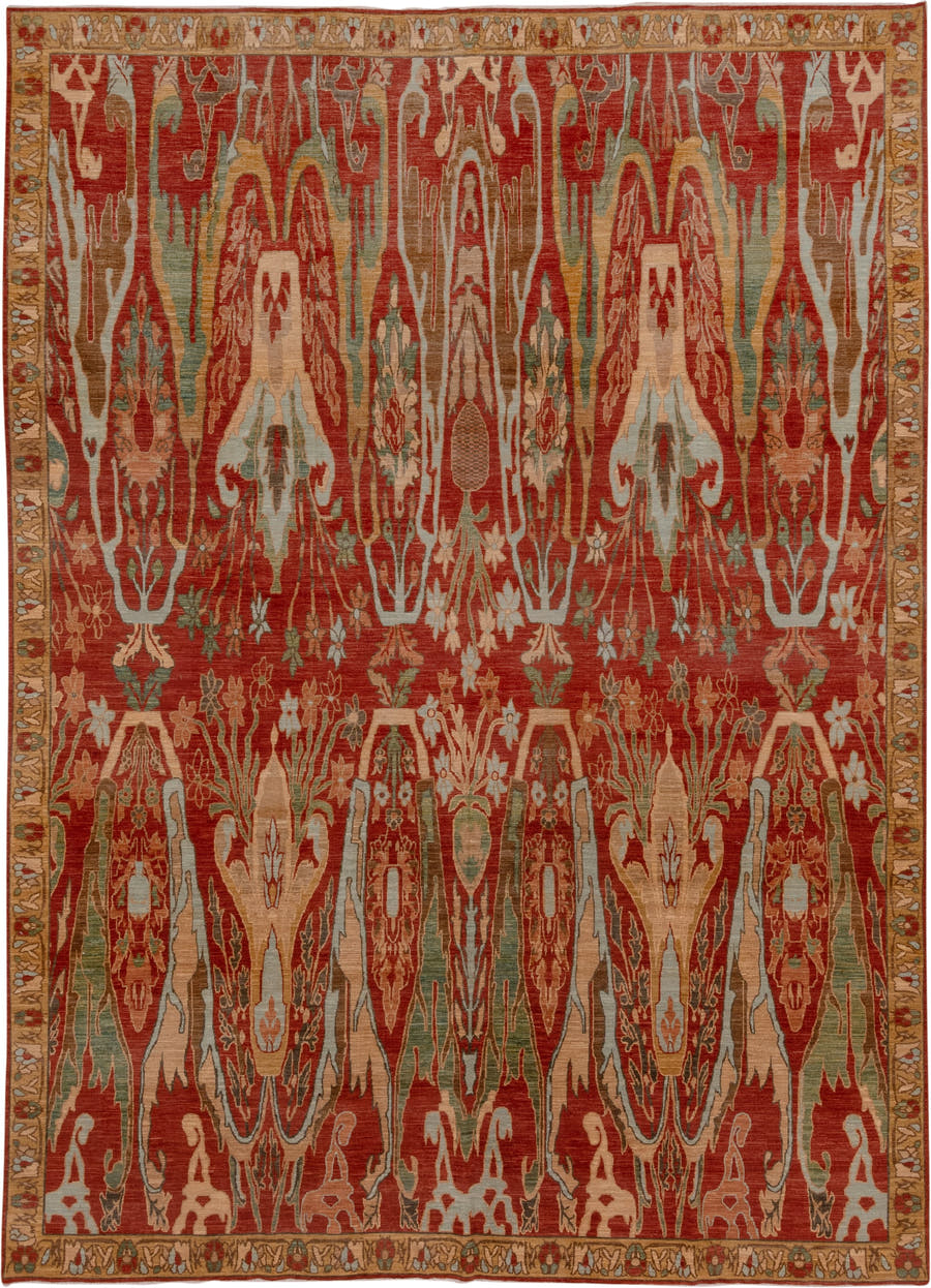 9' x 13' one-of-a-kind handmade vintage Afghan large size rug. Color palette: rust, camel, ivory, sage, terra cotta, taupe