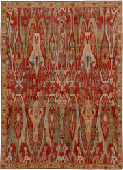 9' x 13' one-of-a-kind handmade vintage Afghan large size rug. Color palette: rust, camel, ivory, sage, terra cotta, taupe