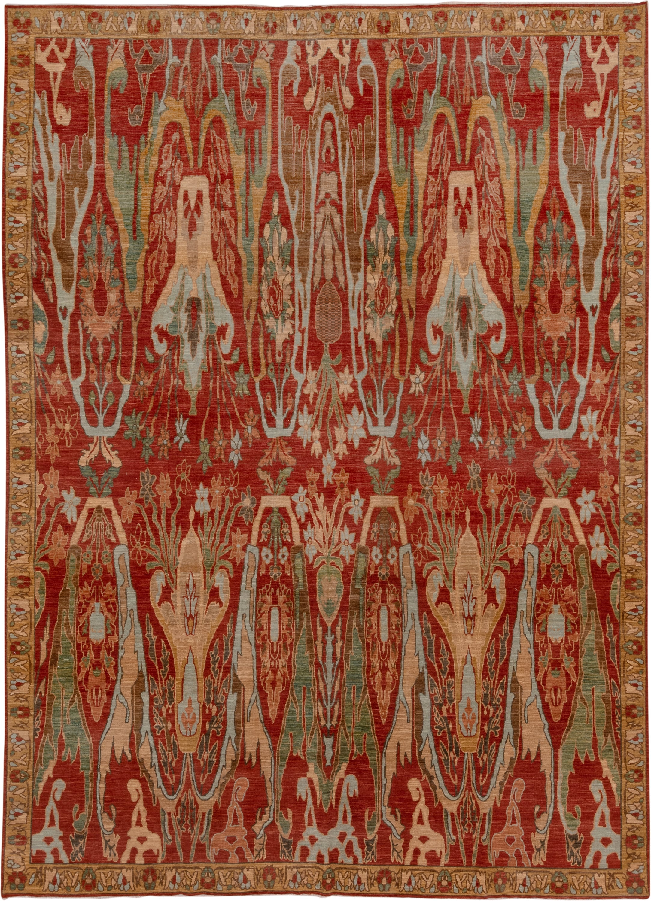 9' x 13' one-of-a-kind handmade vintage Afghan large size rug. Color palette: rust, camel, ivory, sage, terra cotta, taupe