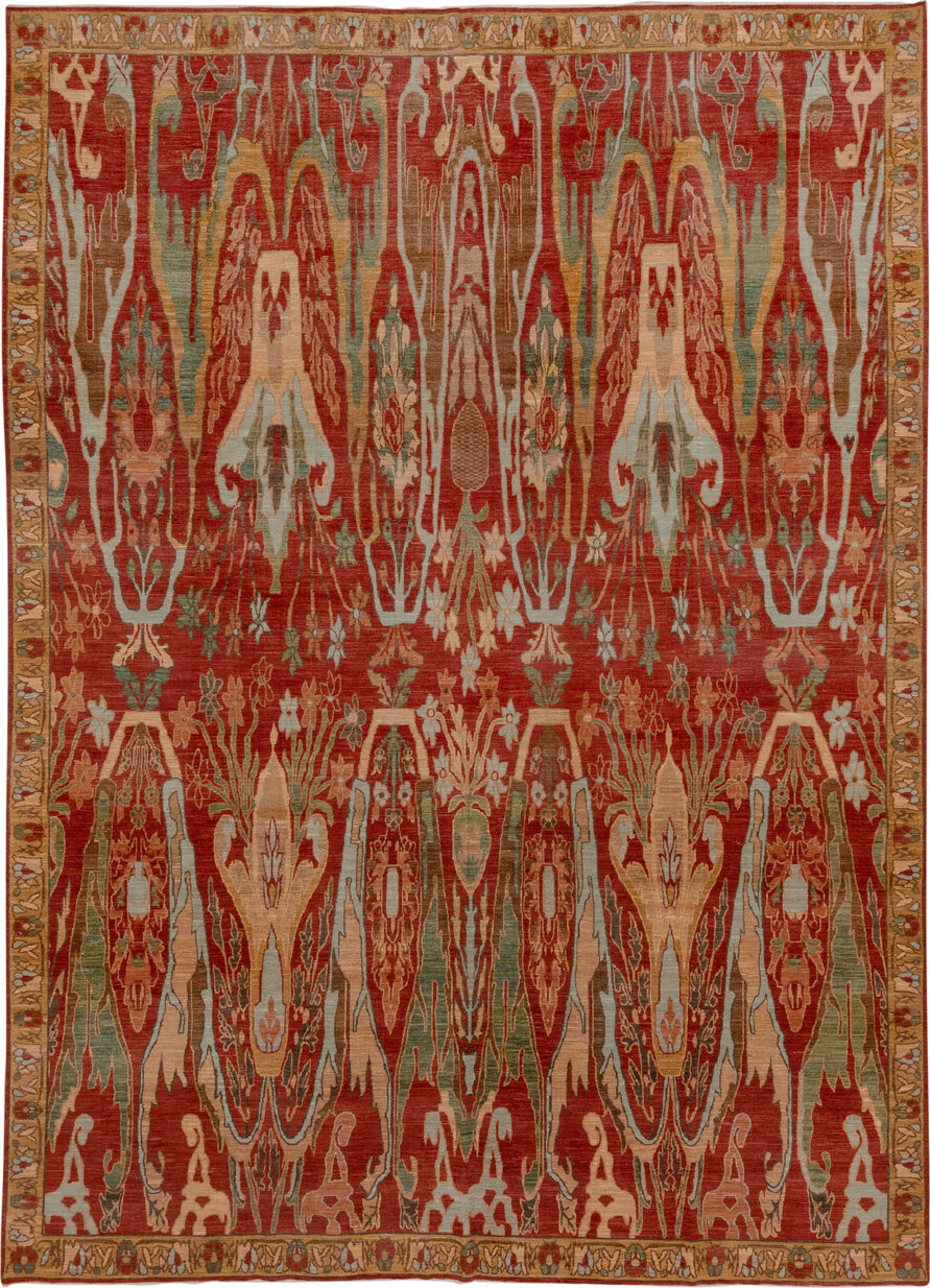 9' x 13' one-of-a-kind handmade vintage Afghan large size rug. Color palette: rust, camel, ivory, sage, terra cotta, taupe