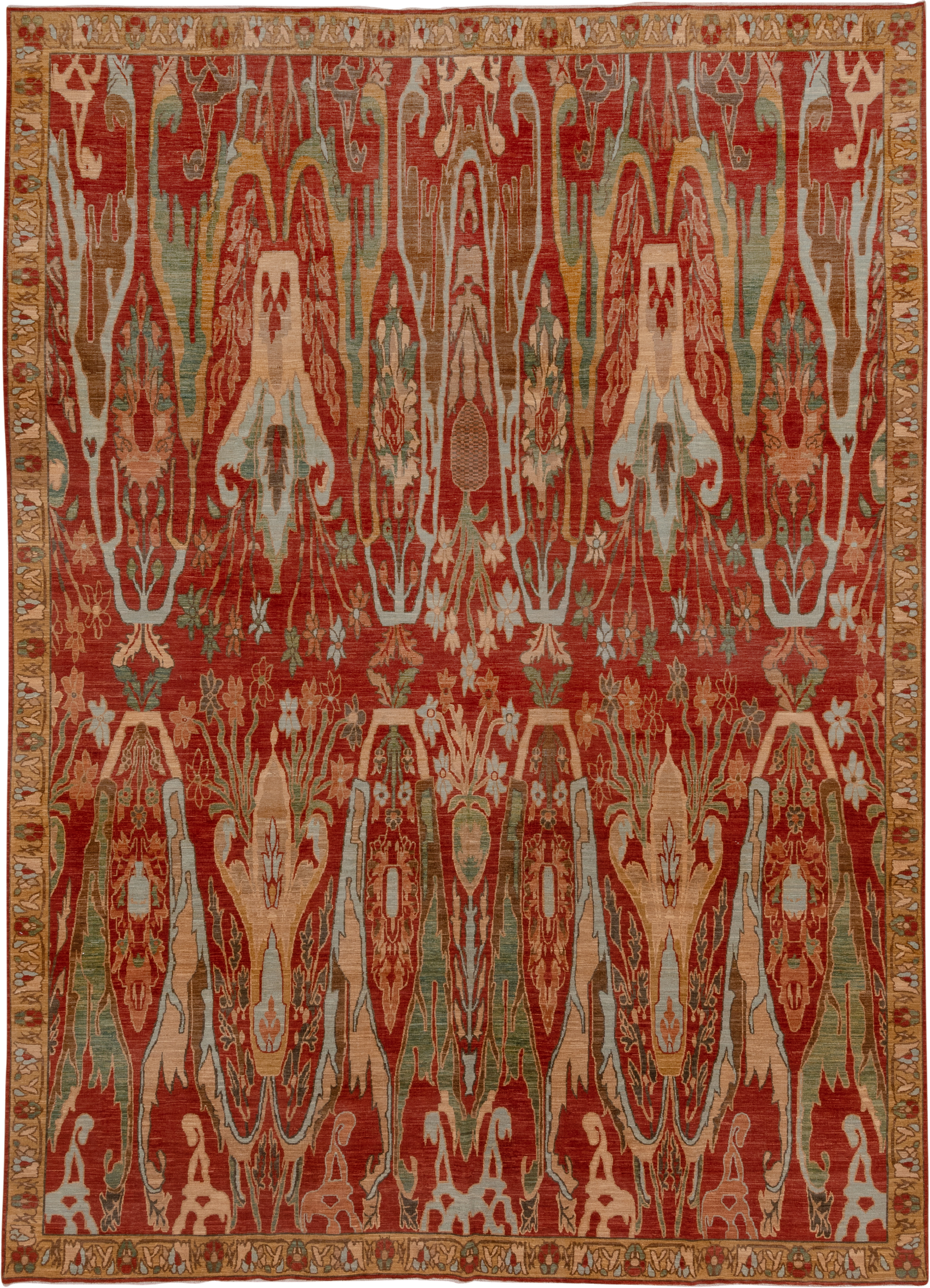 9' x 13' one-of-a-kind handmade vintage Afghan large size rug. Color palette: rust, camel, ivory, sage, terra cotta, taupe