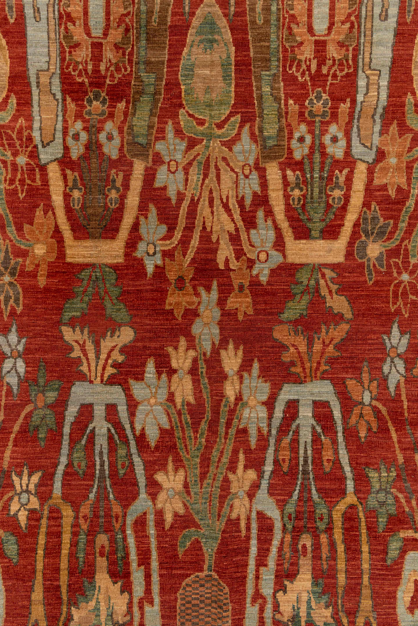 9' x 13' one-of-a-kind handmade vintage Afghan large size rug. Color palette: rust, camel, ivory, sage, terra cotta, taupe