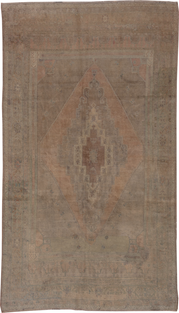 6' x 10' one-of-a-kind handmade vintage Oushak large size rug. Color palette: taupe, beige, blush, sage, ivory, dusty rose