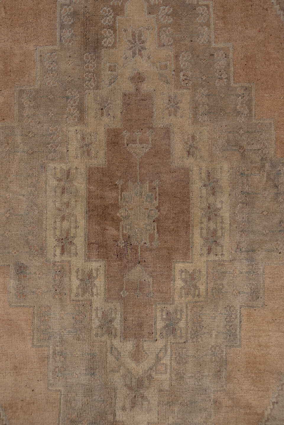 6' x 10' one-of-a-kind handmade vintage Oushak large size rug. Color palette: taupe, beige, blush, sage, ivory, dusty rose