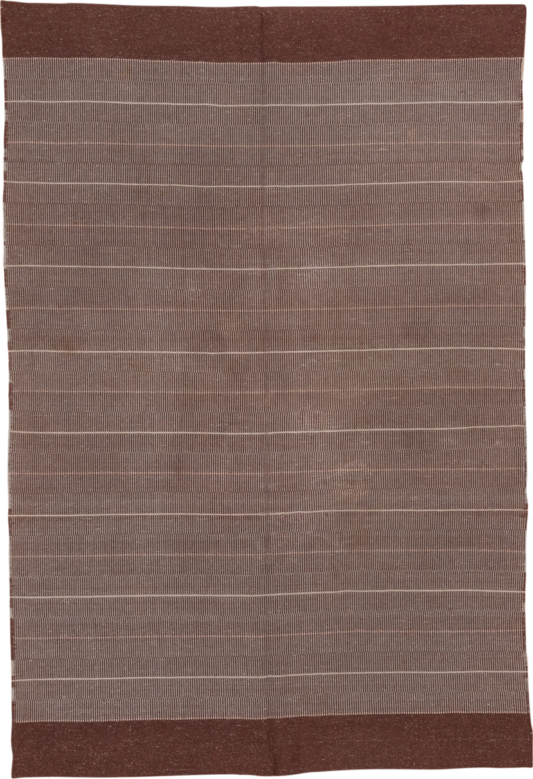 6' x 9' one-of-a-kind handmade vintage Flatweave medium size rug. Color palette: brown, taupe, ivory, mahogany, beige, gray