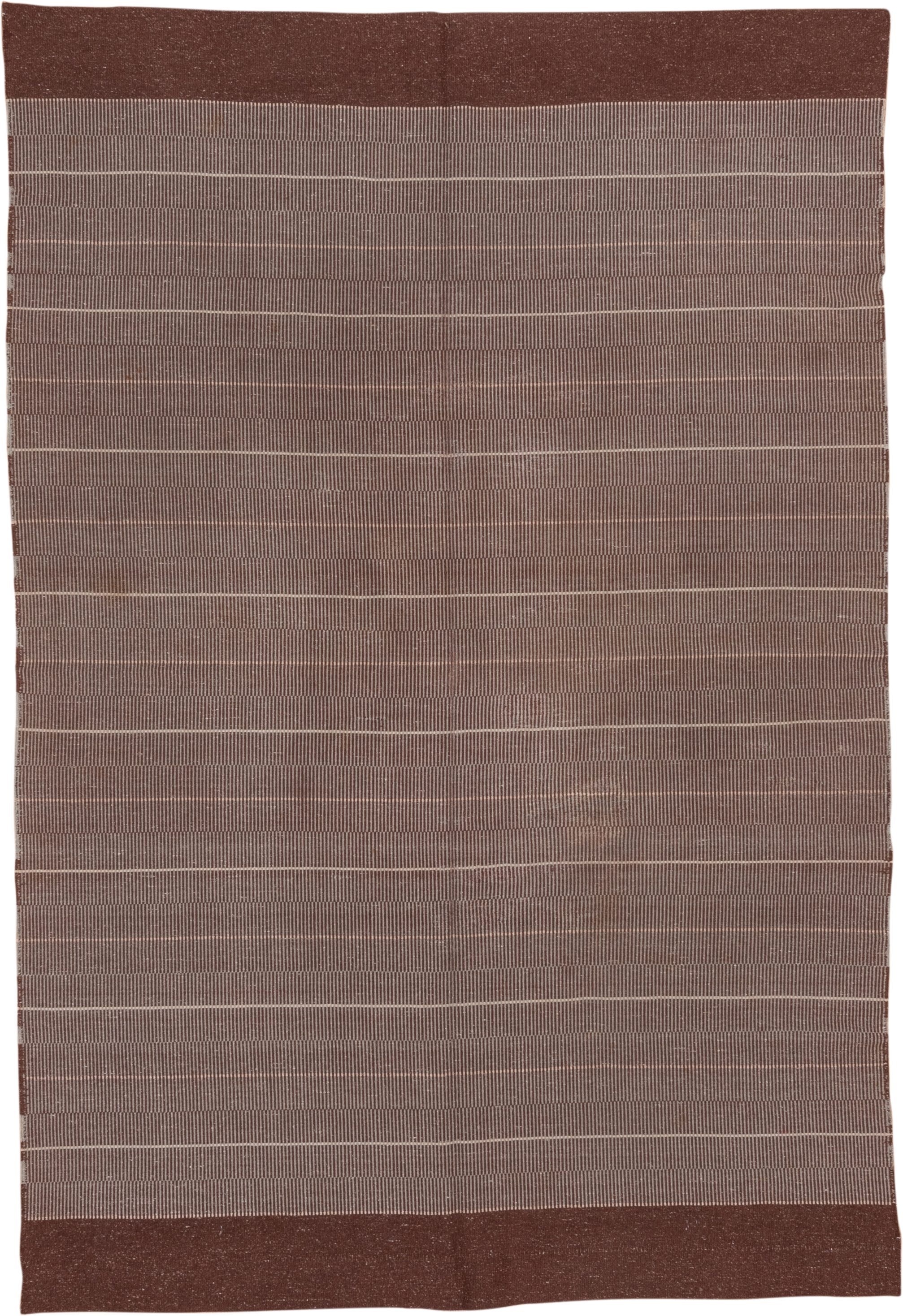 6' x 9' one-of-a-kind handmade vintage Flatweave medium size rug. Color palette: brown, taupe, ivory, mahogany, beige, gray