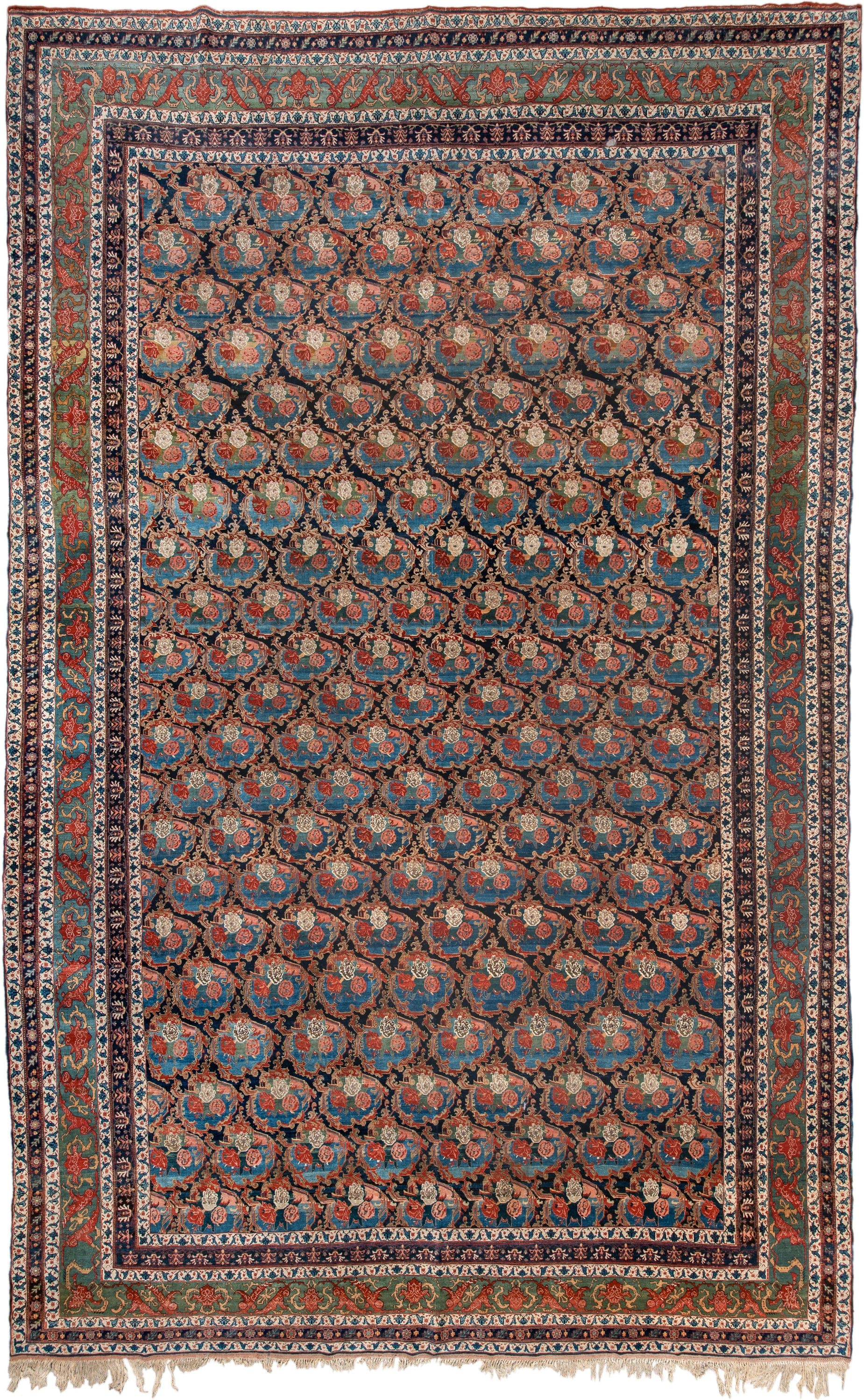 13' x 21' one-of-a-kind handmade vintage Bidjar oversize rug. Color palette: navy, sky blue, rust, ivory, sage, camel, blue