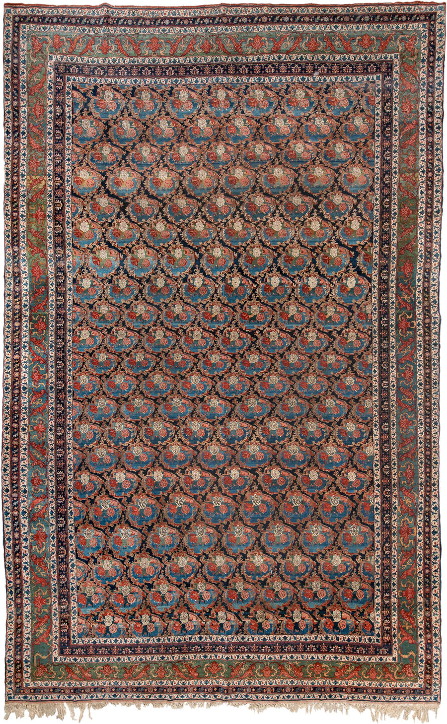 13' x 21' one-of-a-kind handmade vintage Bidjar oversize rug. Color palette: navy, sky blue, rust, ivory, sage, camel, blue