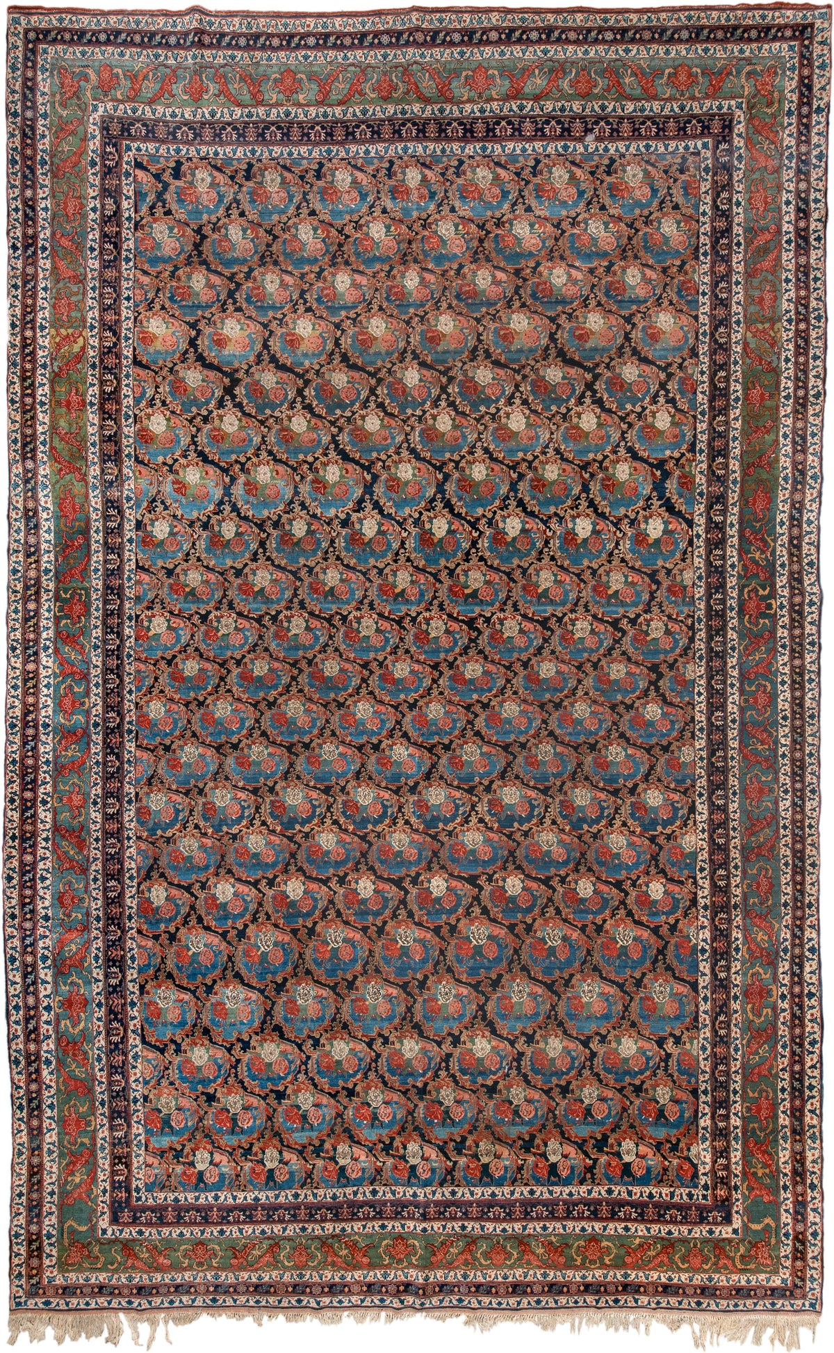 13' x 21' one-of-a-kind handmade vintage Bidjar oversize rug. Color palette: navy, sky blue, rust, ivory, sage, camel, blue