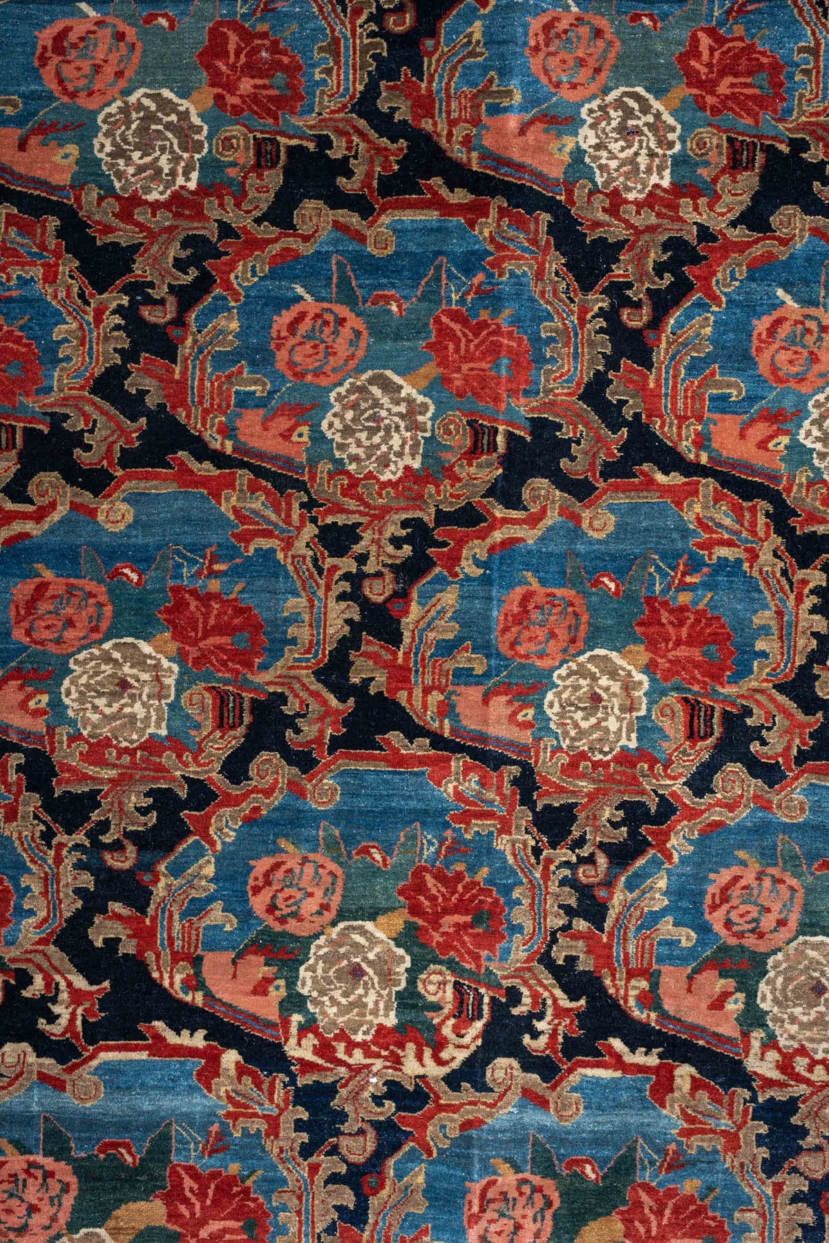 13' x 21' one-of-a-kind handmade vintage Bidjar oversize rug. Color palette: navy, sky blue, rust, ivory, sage, camel, blue