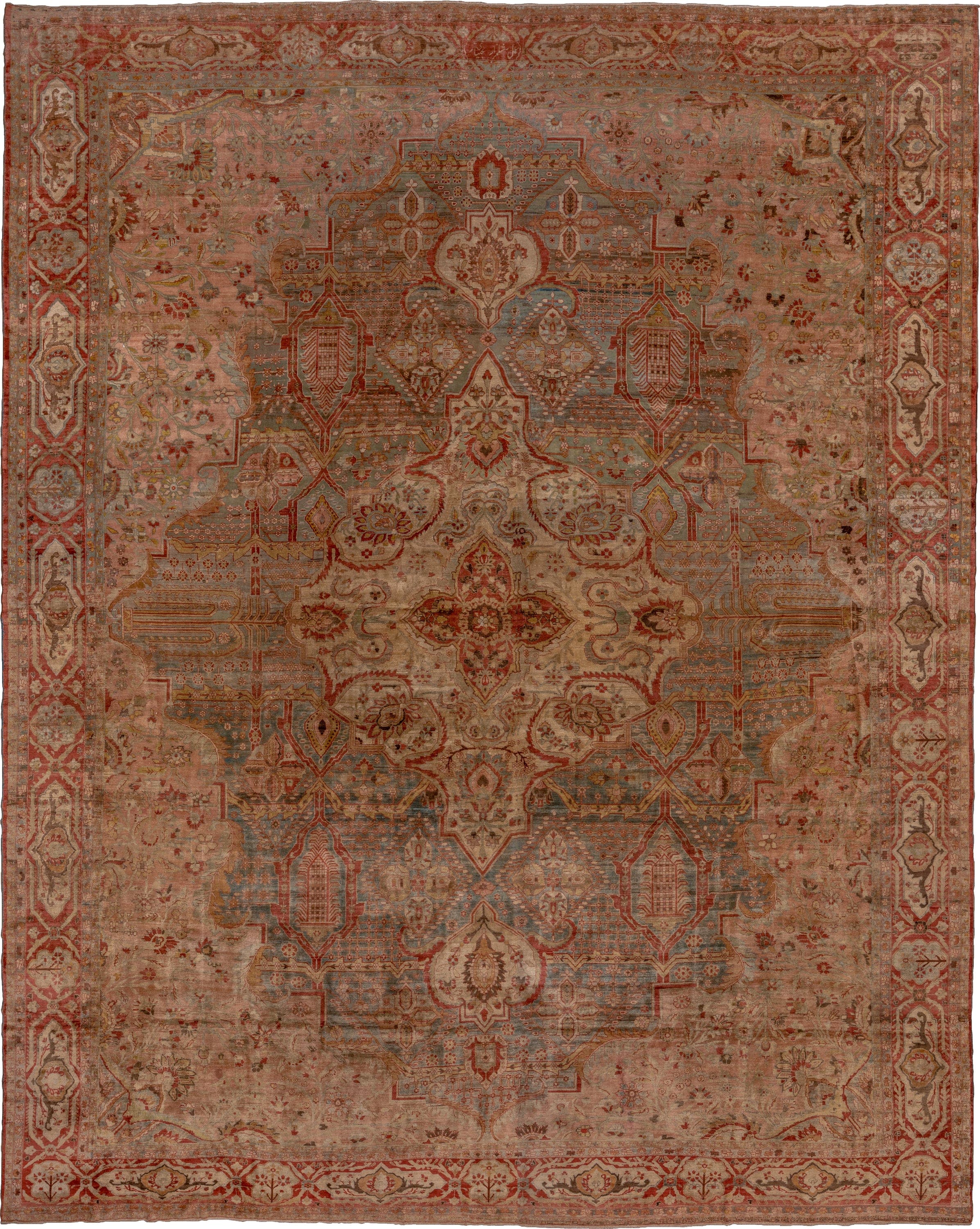 16' x 21' one-of-a-kind handmade vintage Baktiary oversize rug. Color palette: rose, rust, ivory, blue, terra cotta, taupe