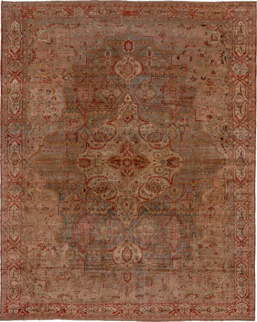16' x 21' one-of-a-kind handmade vintage Baktiary oversize rug. Color palette: rose, rust, ivory, blue, terra cotta, taupe