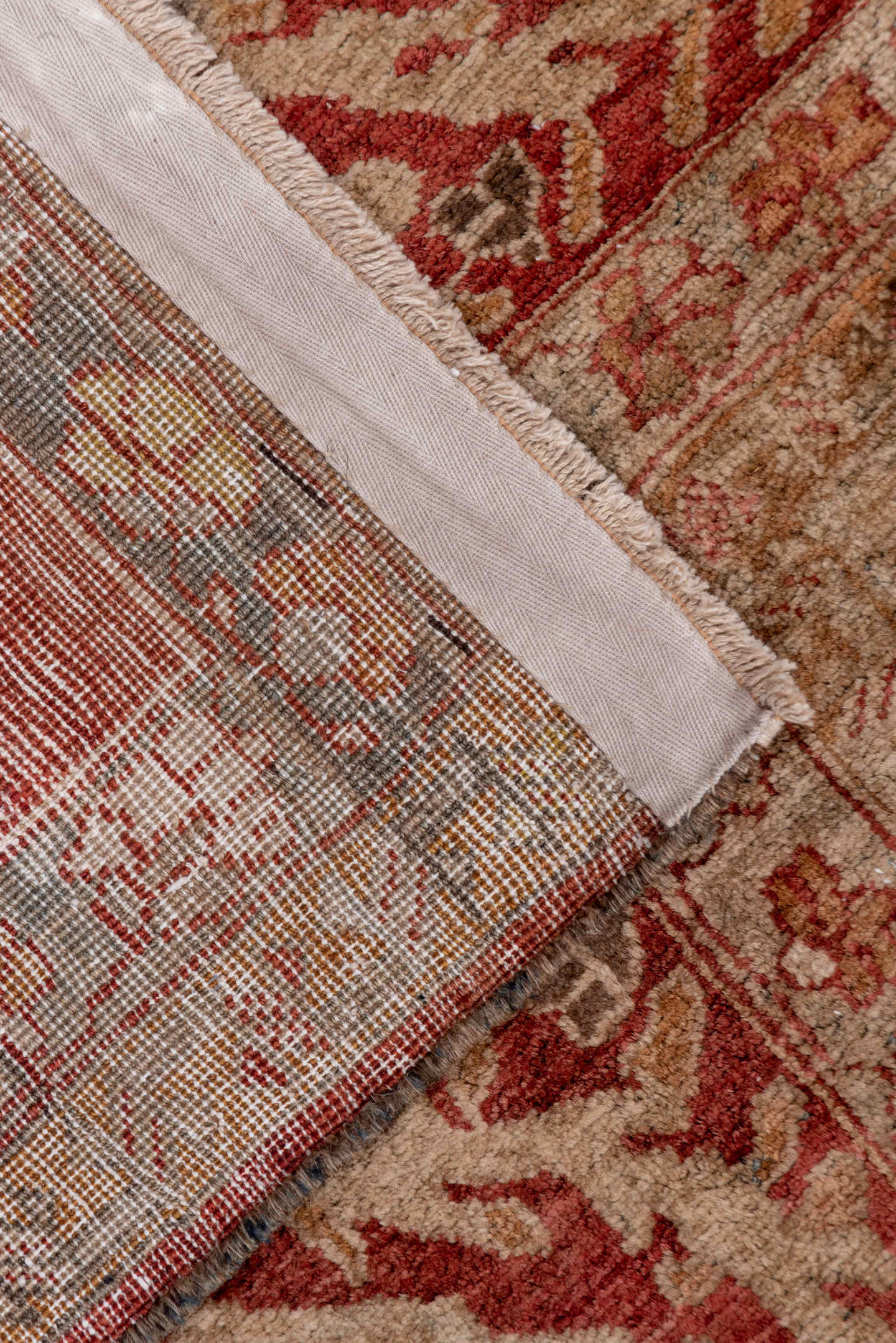 16' x 21' one-of-a-kind handmade vintage Baktiary oversize rug. Color palette: rose, rust, ivory, blue, terra cotta, taupe