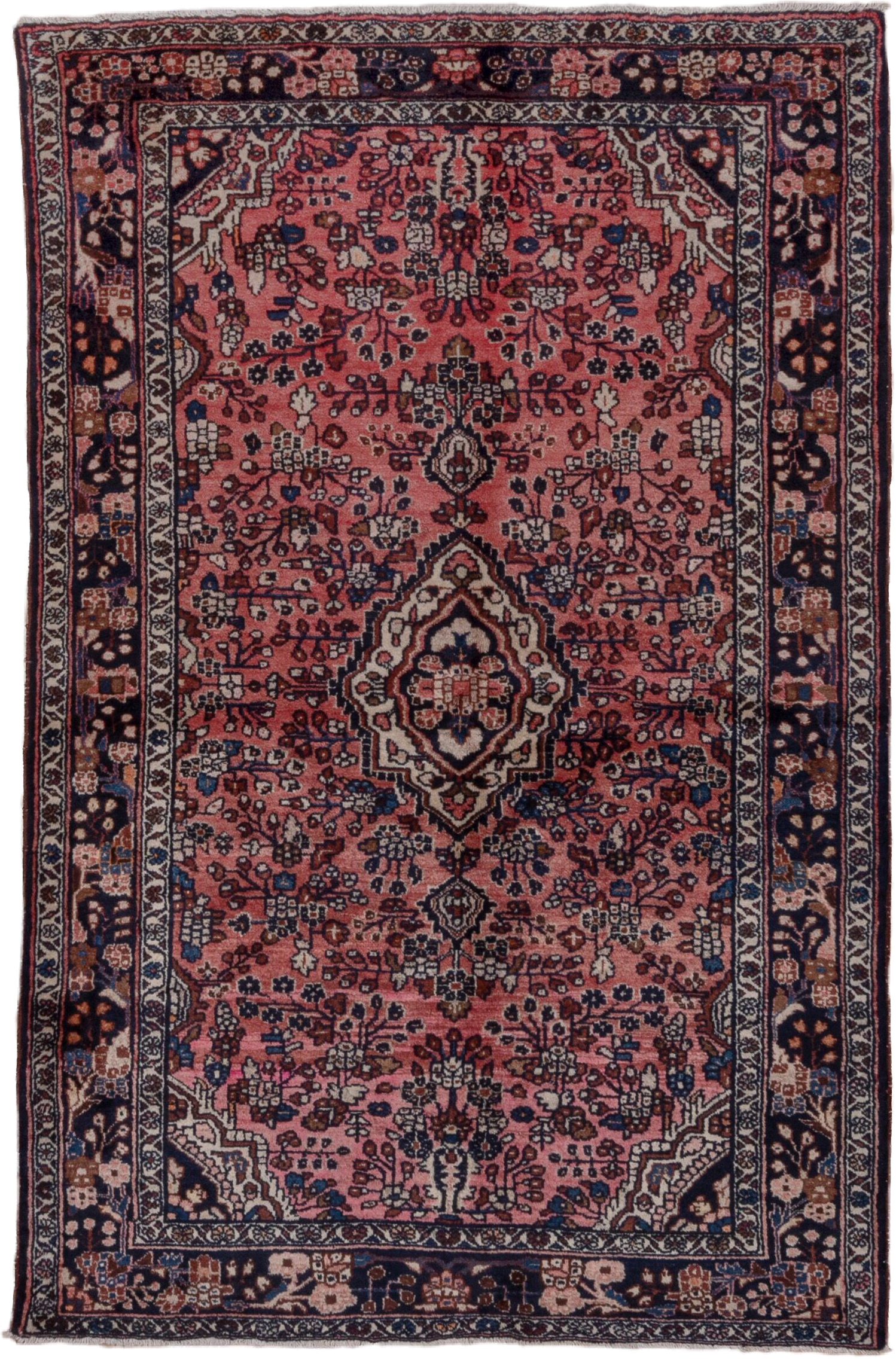 4' x 6' one-of-a-kind handmade vintage Lilian small size rug. Color palette: rose, navy, ivory, dusty blue, burgundy, taupe