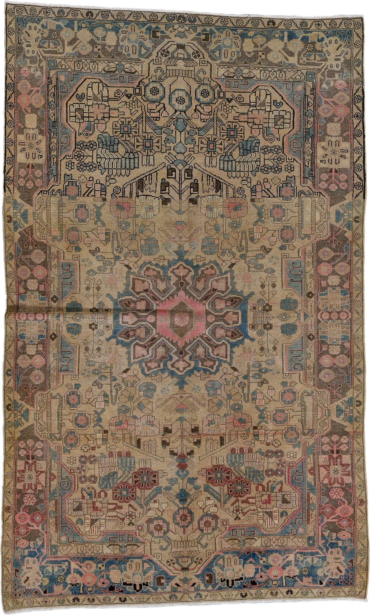 5' x 8' one-of-a-kind handmade vintage Hamadan medium size rug. Color palette: ivory, sky blue, brown, rose, taupe, charcoal