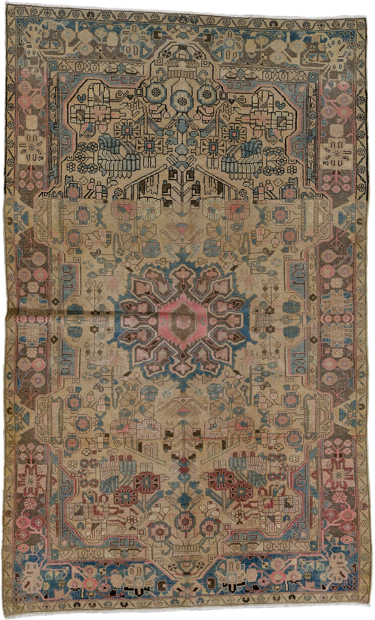 5' x 8' one-of-a-kind handmade vintage Hamadan medium size rug. Color palette: ivory, sky blue, brown, rose, taupe, charcoal