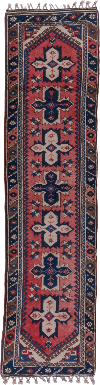 2' x 9' one-of-a-kind handmade vintage Oushak runner rug. Color palette: rose, navy, ivory, rust, brown, slate, pink, red