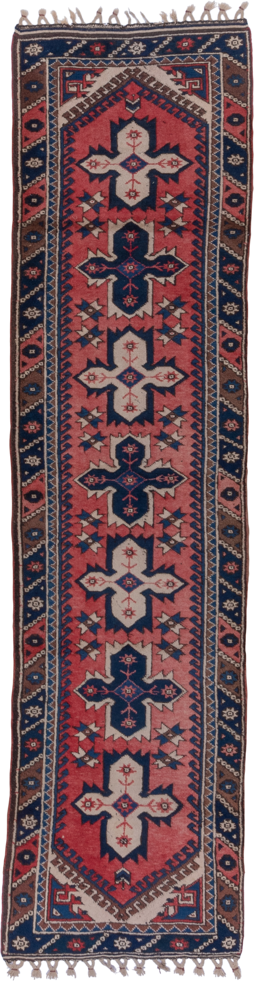 2' x 9' one-of-a-kind handmade vintage Oushak runner rug. Color palette: rose, navy, ivory, rust, brown, slate, pink, red