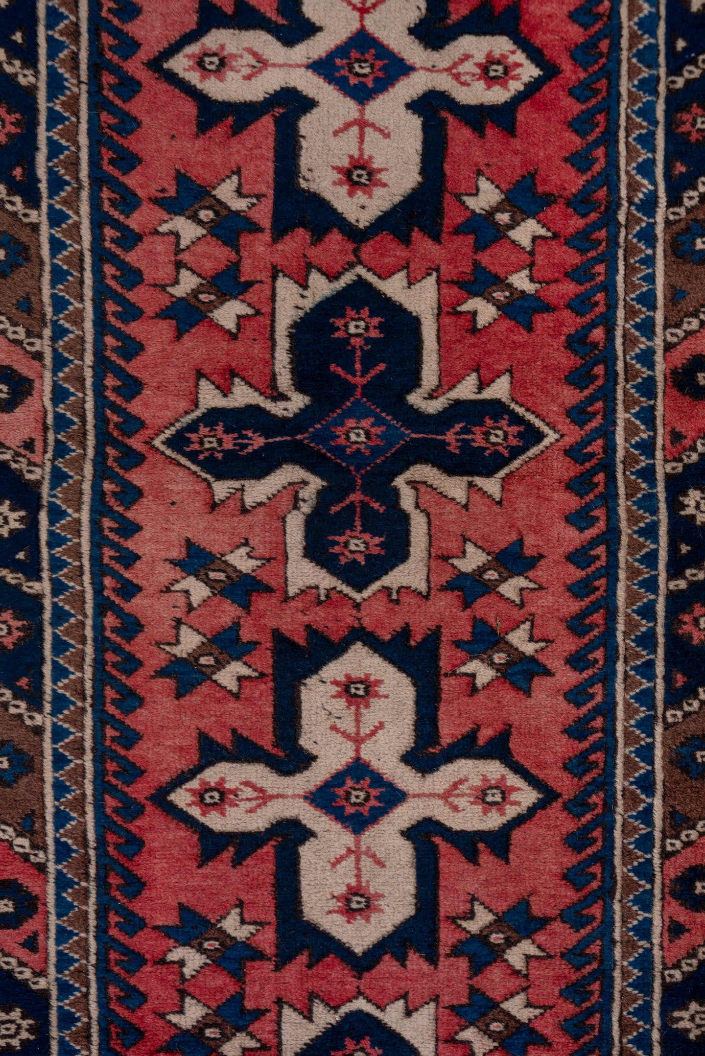 2' x 9' one-of-a-kind handmade vintage Oushak runner rug. Color palette: rose, navy, ivory, rust, brown, slate, pink, red
