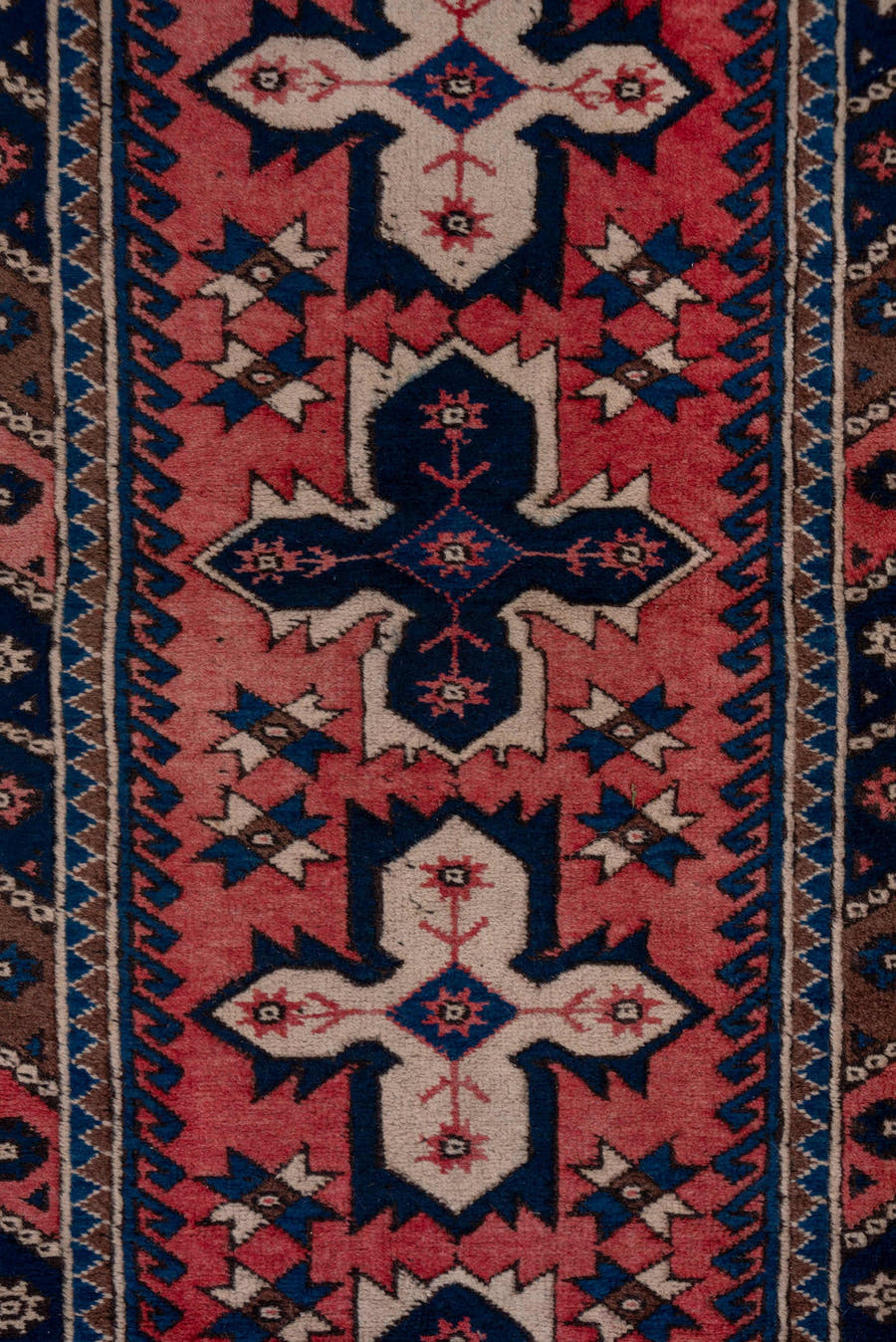2' x 9' one-of-a-kind handmade vintage Oushak runner rug. Color palette: rose, navy, ivory, rust, brown, slate, pink, red