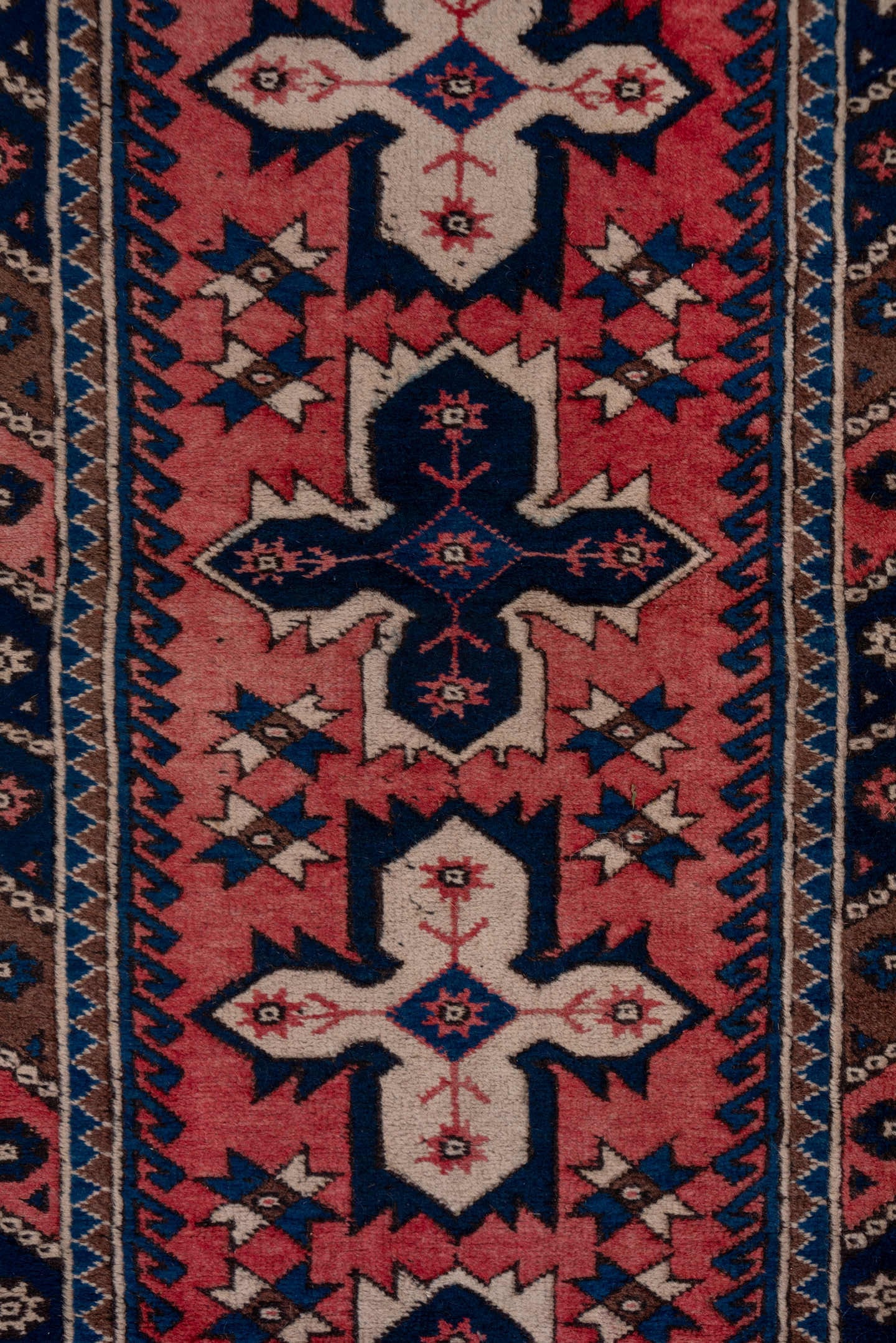 2' x 9' one-of-a-kind handmade vintage Oushak runner rug. Color palette: rose, navy, ivory, rust, brown, slate, pink, red