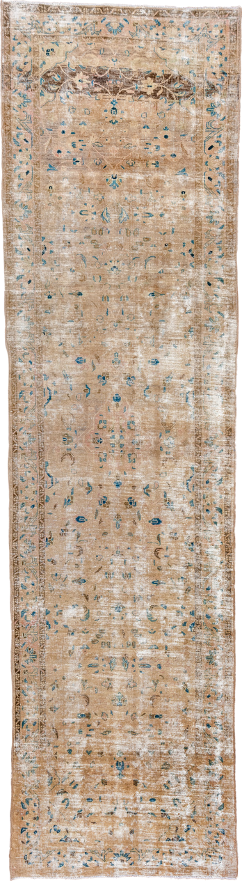 3' x 13' one-of-a-kind handmade vintage Tabriz runner rug. Color palette: tan, ivory, turquoise, taupe, brown, beige, teal