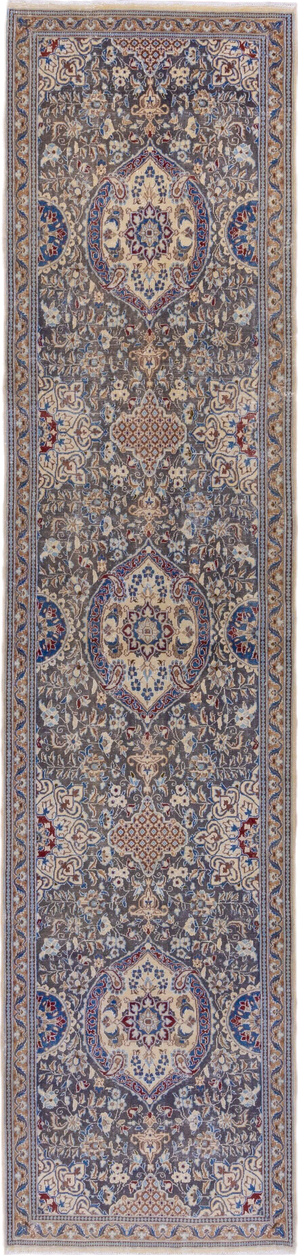 3' x 12' one-of-a-kind handmade vintage Naiin runner rug. Color palette: taupe, ivory, blue, camel, slate, navy, rust, beige