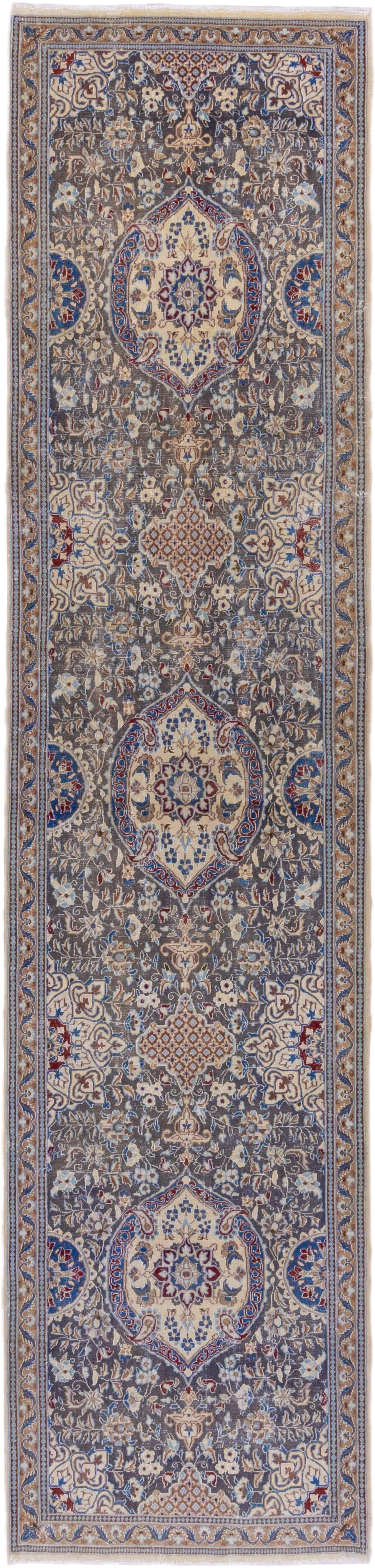 3' x 12' one-of-a-kind handmade vintage Naiin runner rug. Color palette: taupe, ivory, blue, camel, slate, navy, rust, beige