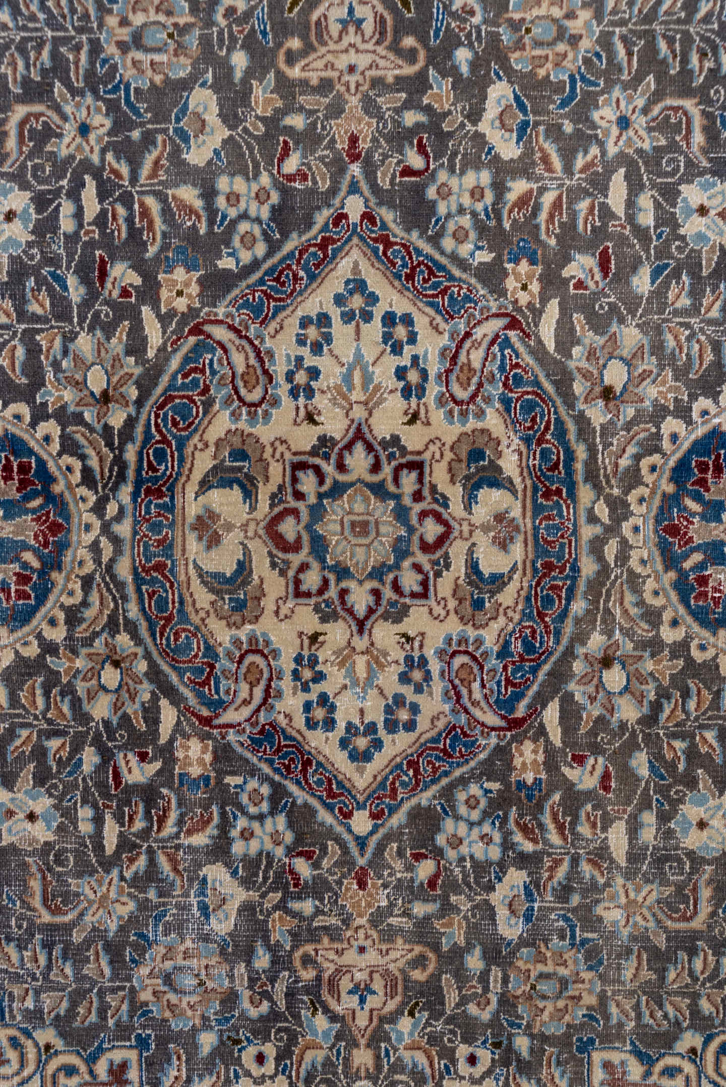 3' x 12' one-of-a-kind handmade vintage Naiin runner rug. Color palette: taupe, ivory, blue, camel, slate, navy, rust, beige