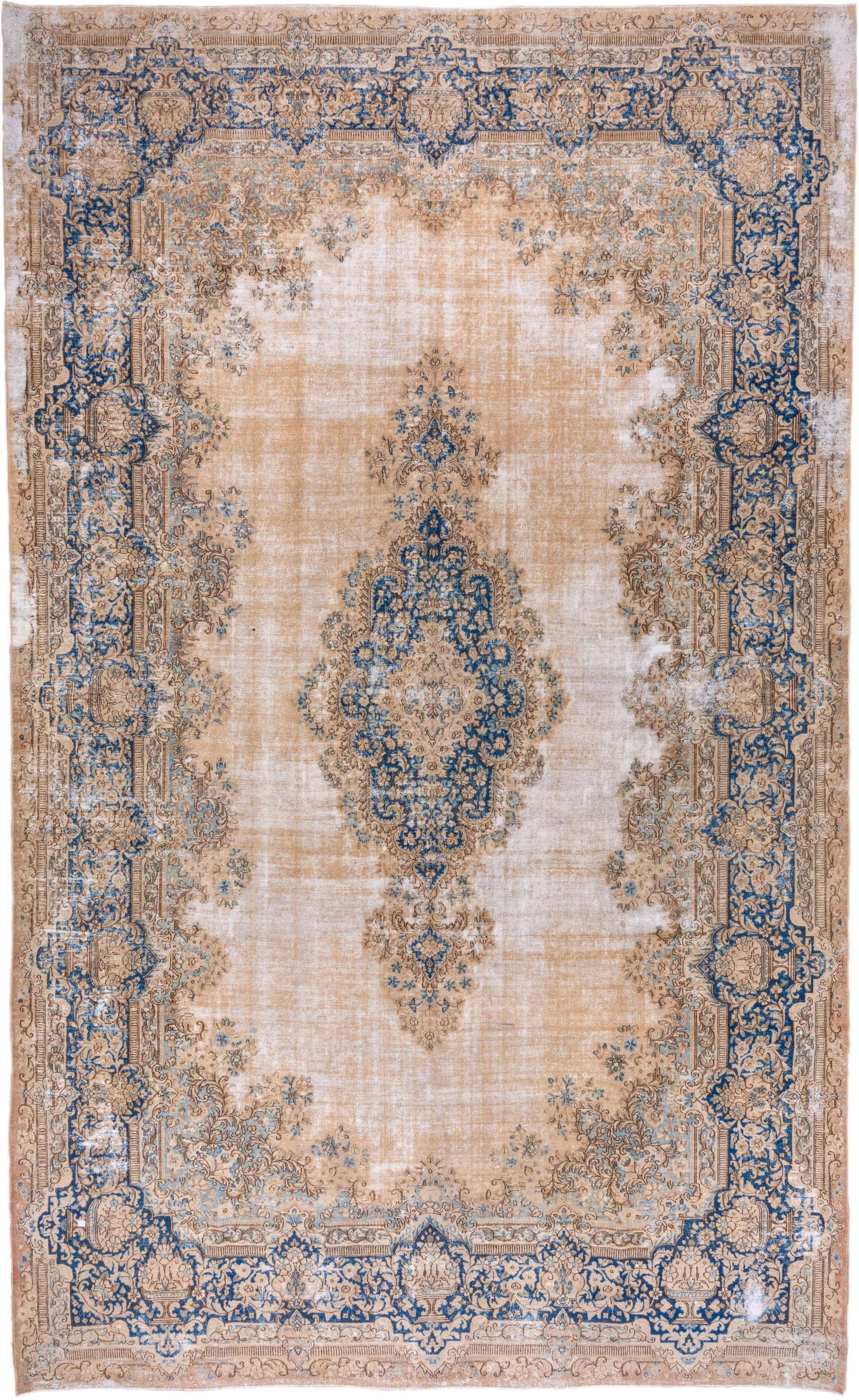 9' x 15' one-of-a-kind handmade vintage Kerman rug. Color palette: ivory, beige, cobalt, camel, taupe, light blue, sand