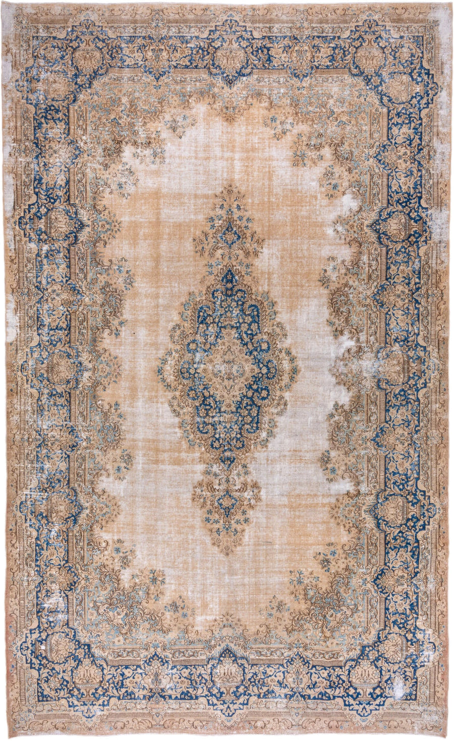 9' x 15' one-of-a-kind handmade vintage Kerman rug. Color palette: ivory, beige, cobalt, camel, taupe, light blue, sand