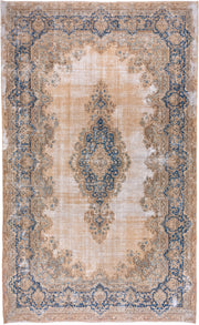 9' x 15' one-of-a-kind handmade vintage Kerman rug. Color palette: ivory, beige, cobalt, camel, taupe, light blue, sand
