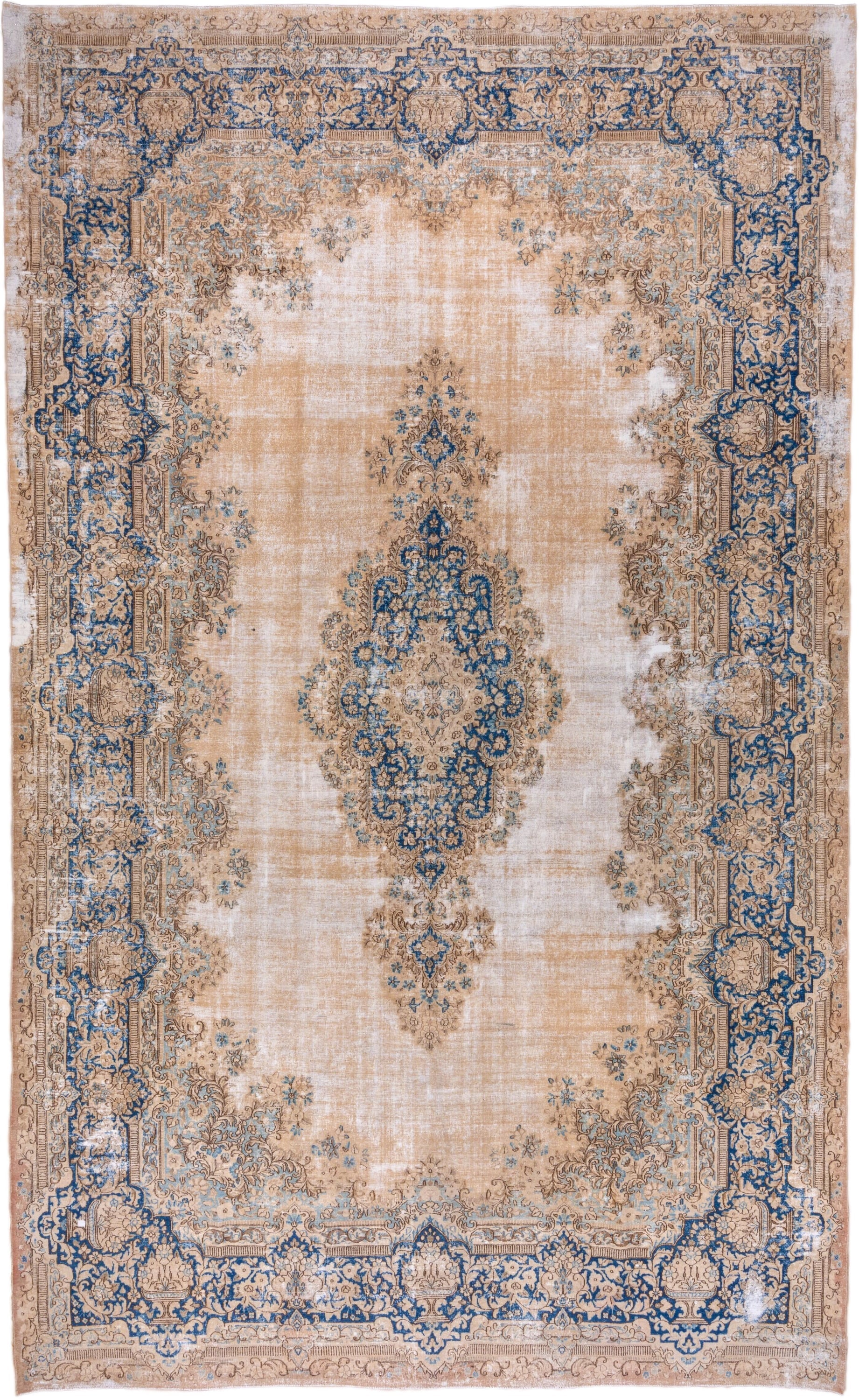 9' x 15' one-of-a-kind handmade vintage Kerman rug. Color palette: ivory, beige, cobalt, camel, taupe, light blue, sand