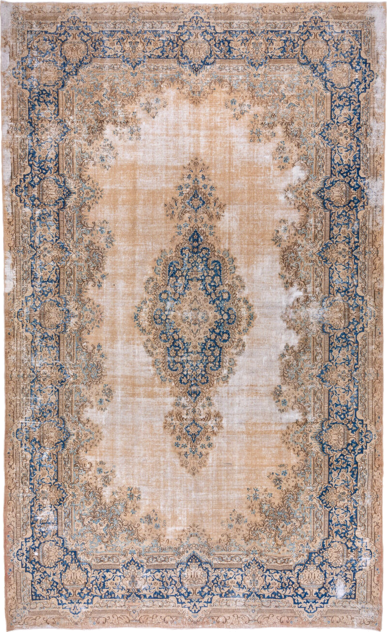 9' x 15' one-of-a-kind handmade vintage Kerman rug. Color palette: ivory, beige, cobalt, camel, taupe, light blue, sand