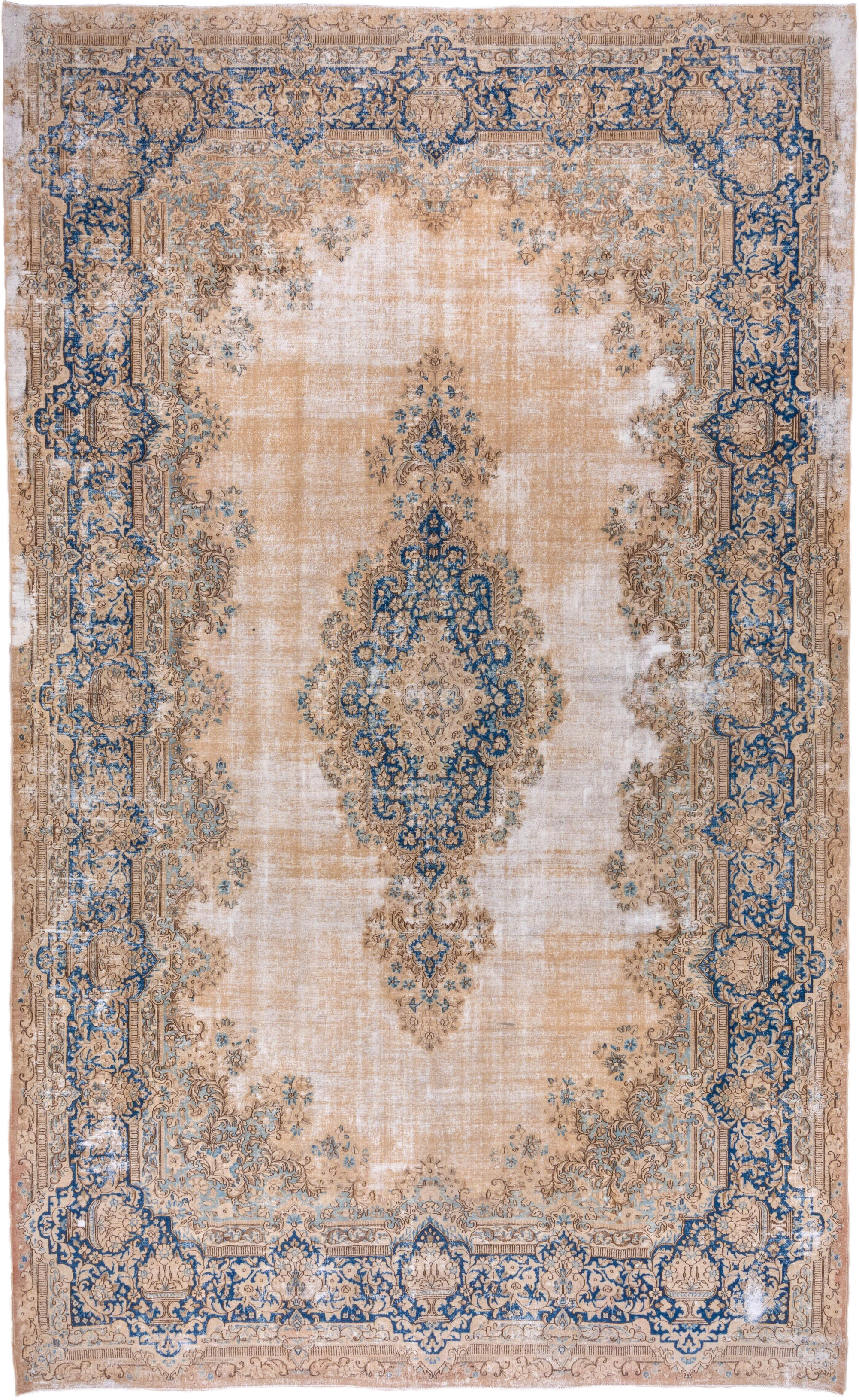 9' x 15' one-of-a-kind handmade vintage Kerman rug. Color palette: ivory, beige, cobalt, camel, taupe, light blue, sand