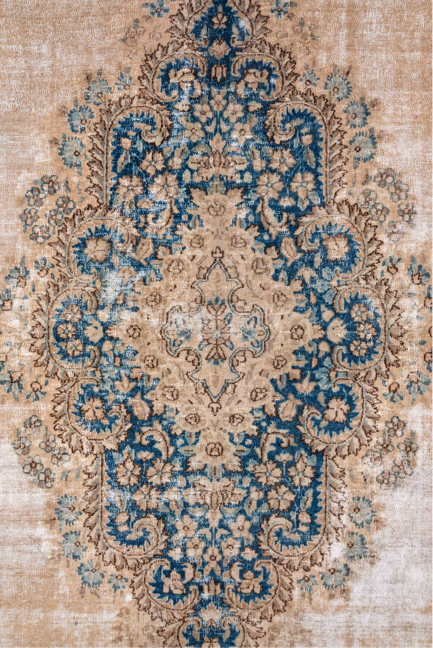 9' x 15' one-of-a-kind handmade vintage Kerman rug. Color palette: ivory, beige, cobalt, camel, taupe, light blue, sand