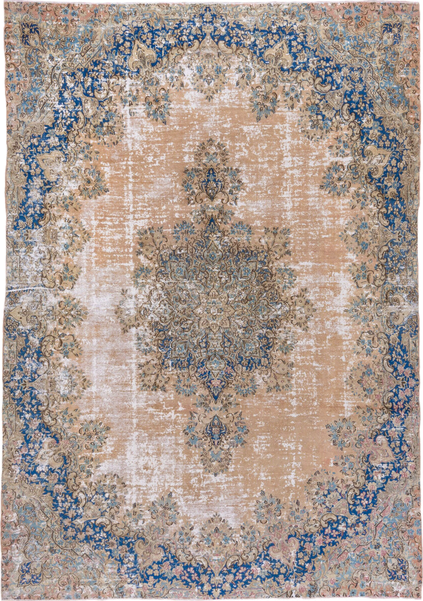 8' x 12' one-of-a-kind handmade vintage Kerman large size rug. Color palette: beige, cobalt, ivory, taupe, sky blue, blush