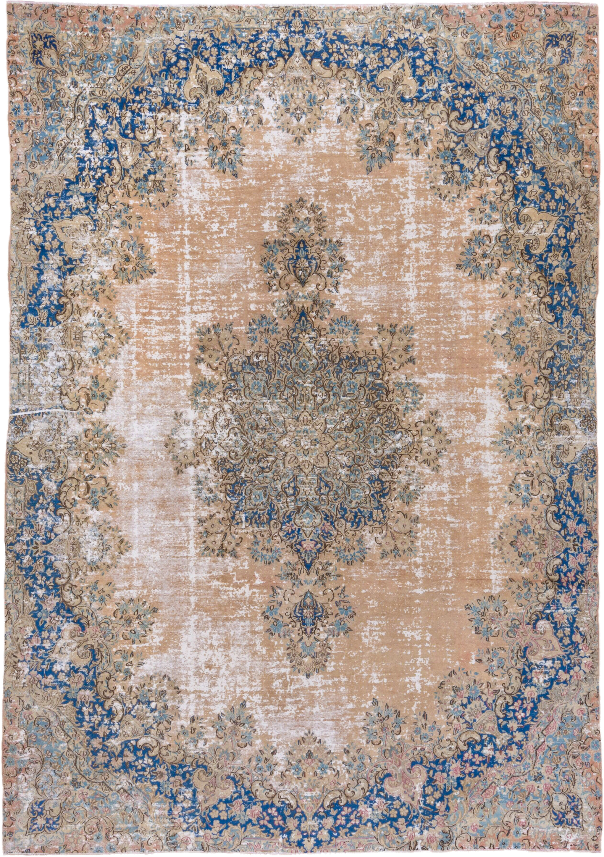 8' x 12' one-of-a-kind handmade vintage Kerman large size rug. Color palette: beige, cobalt, ivory, taupe, sky blue, blush