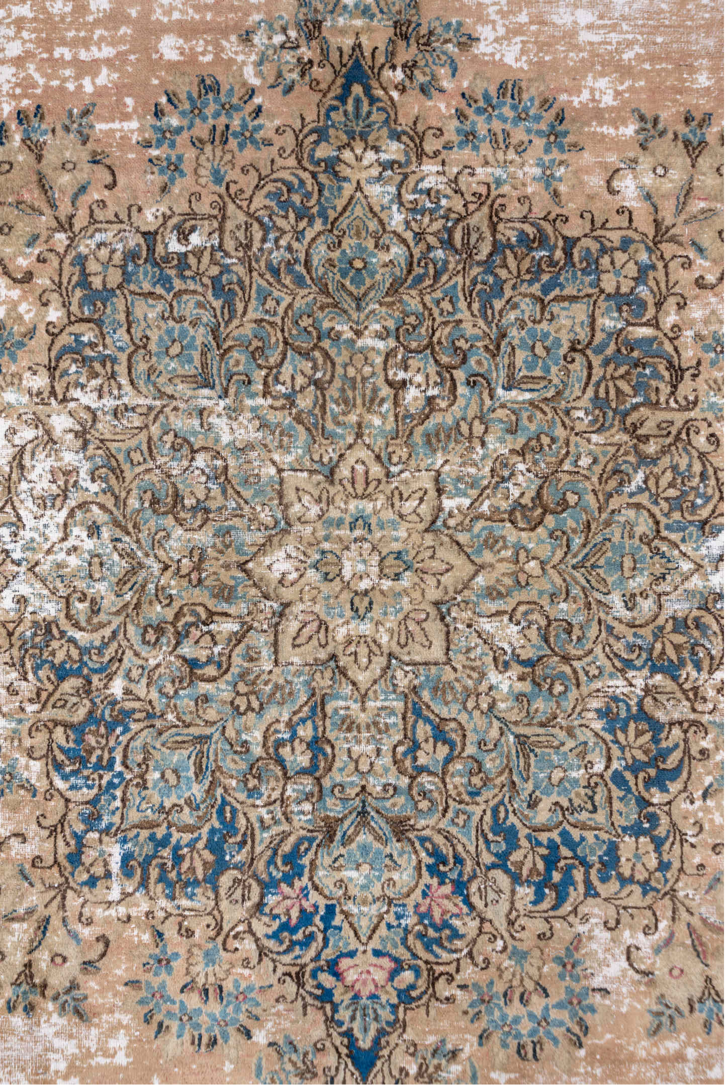8' x 12' one-of-a-kind handmade vintage Kerman large size rug. Color palette: beige, cobalt, ivory, taupe, sky blue, blush