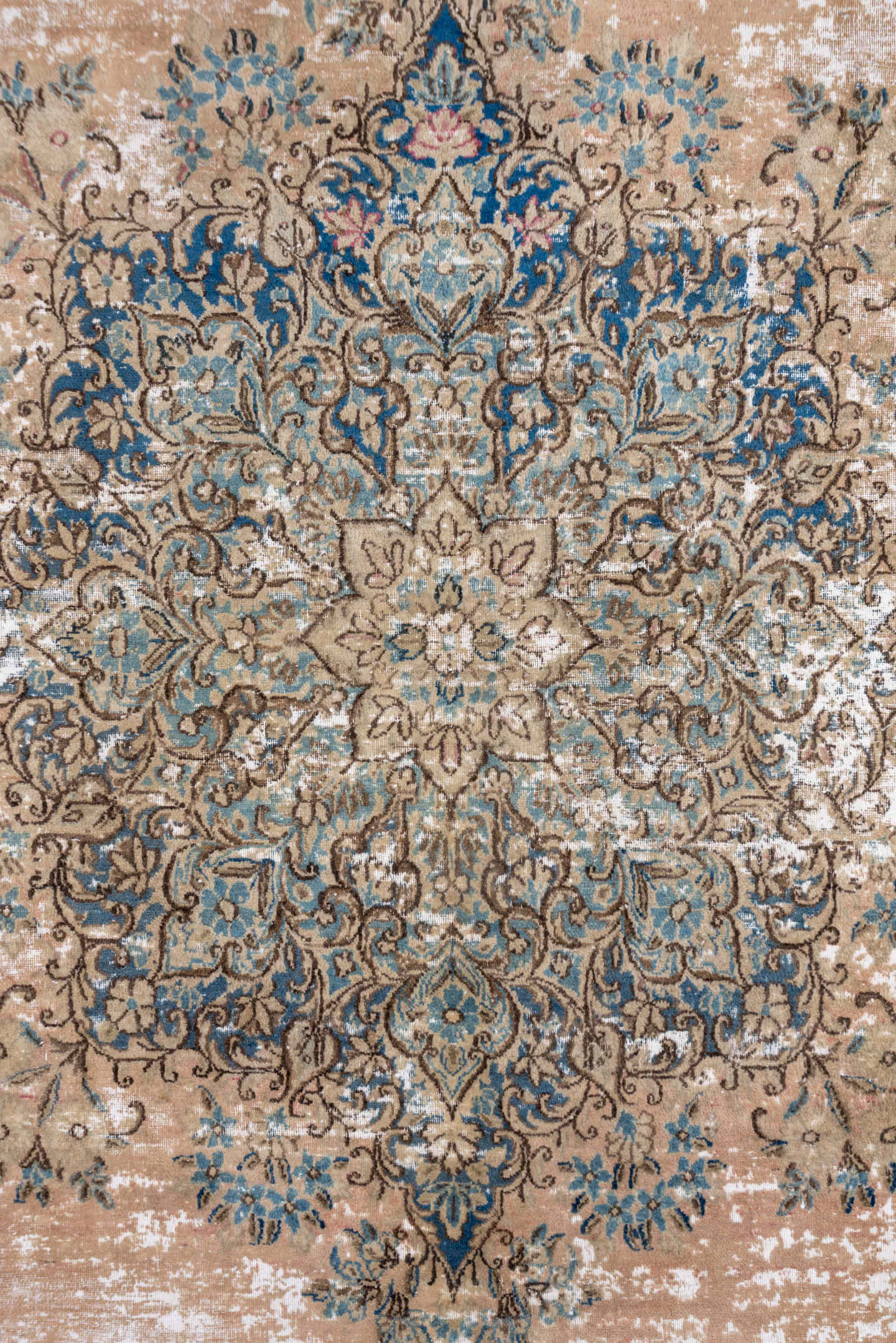 8' x 12' one-of-a-kind handmade vintage Kerman large size rug. Color palette: beige, cobalt, ivory, taupe, sky blue, blush